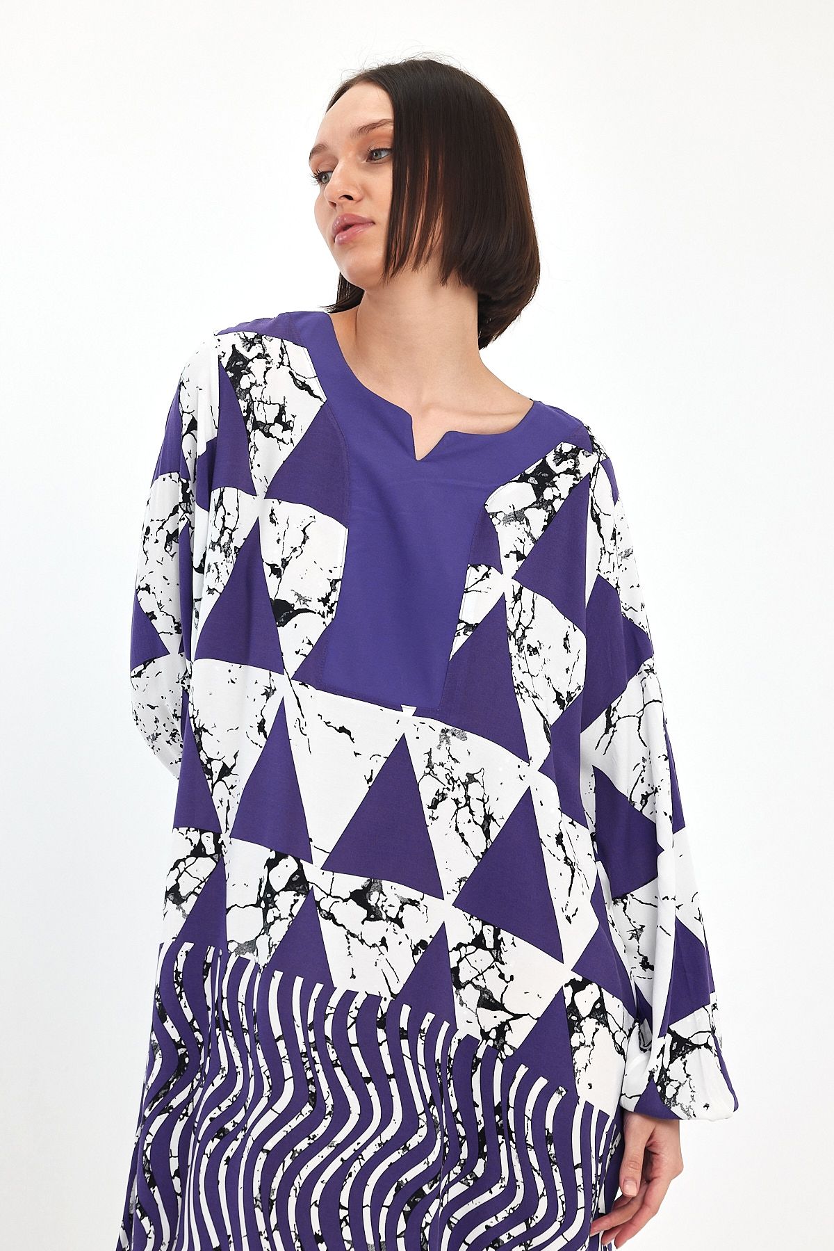Belissh Abstract Print Maxi Dress with Long Sleeves in Purple