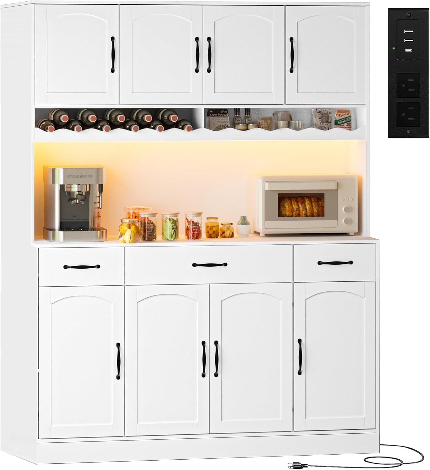 72 Tall Kitchen Pantry Cabinet with Charging Station 55 Wide Kitchen Hutch Cabinet with LED Light and Countertop Large Kitchen Pantry Storage Cabinet With Adjustable Shelves and Wine Rack