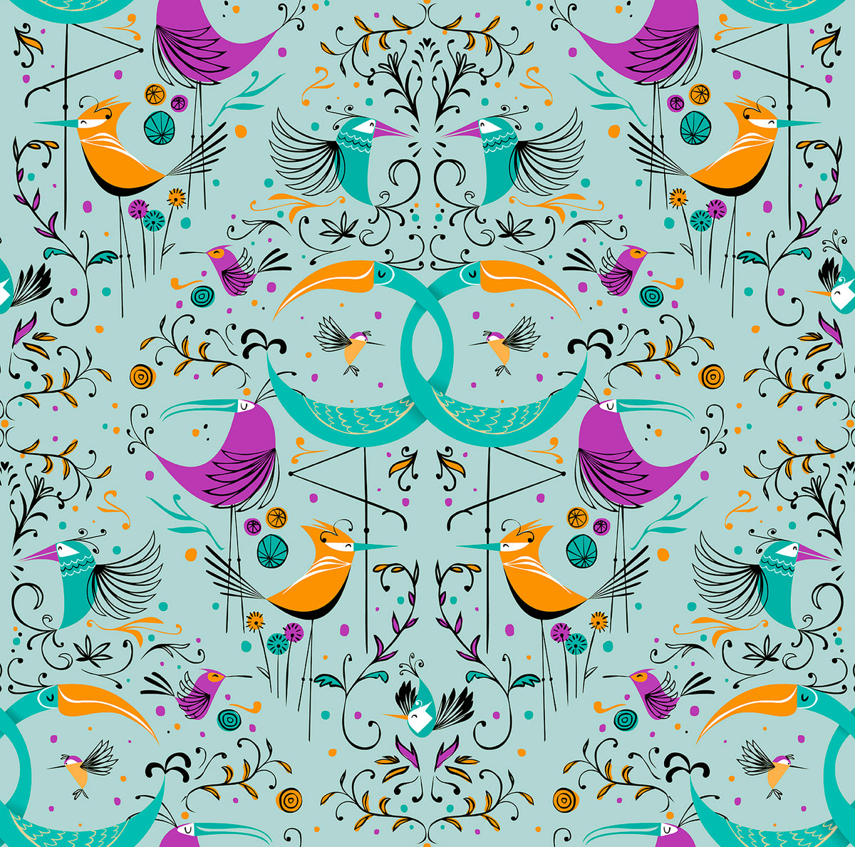 Walls4You behang vogels turquoise, oranje en paars - 53 cm x 10 m - 640128