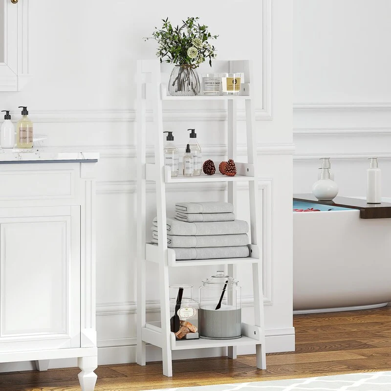 3-Tier Ladder Shelf, Bathroom Shelf Freestanding, 3-Shelf Spacesaver Open Wood Shelving Unit, Ladder Shelf