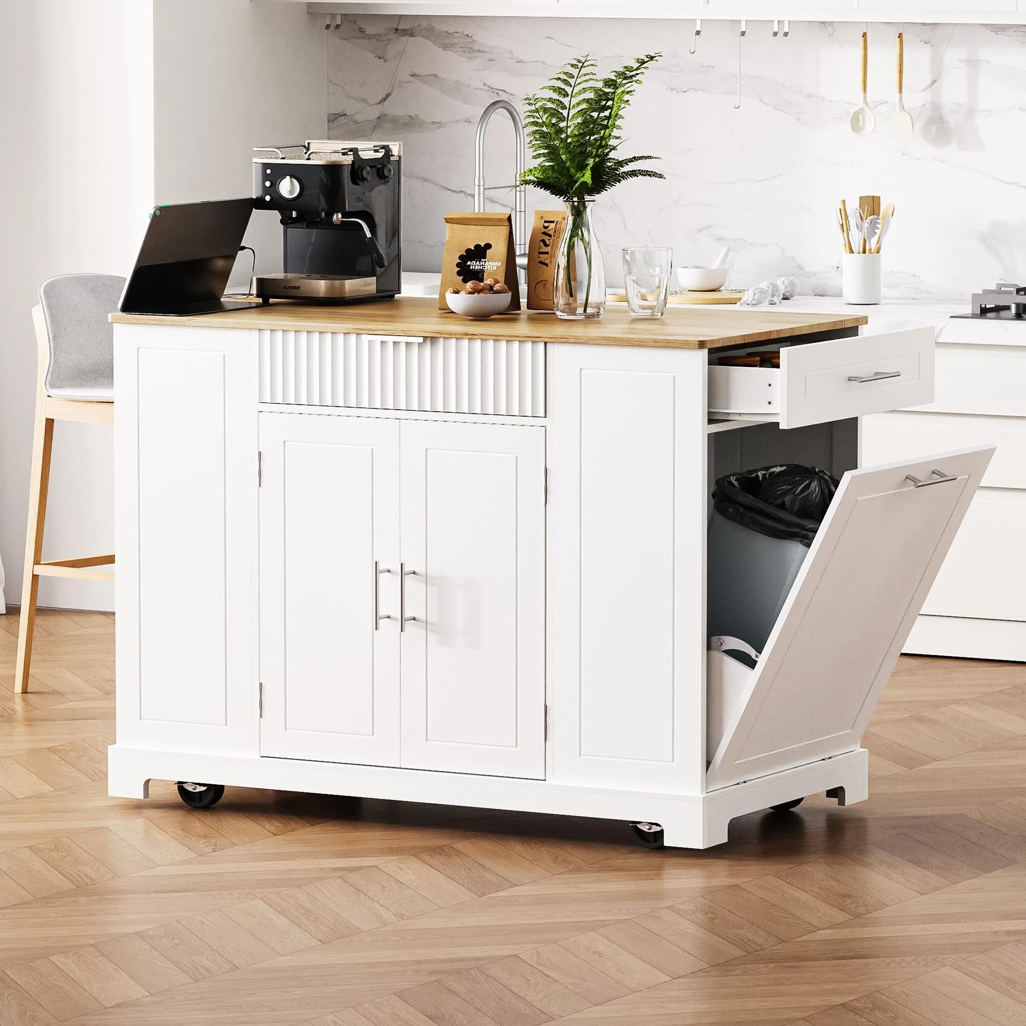 Kitchen Island on 5 Wheels with Concealed Trash Cabinet, Kitchen Cart with Power Outlet, Internal Storage Rack & 3 Drawers