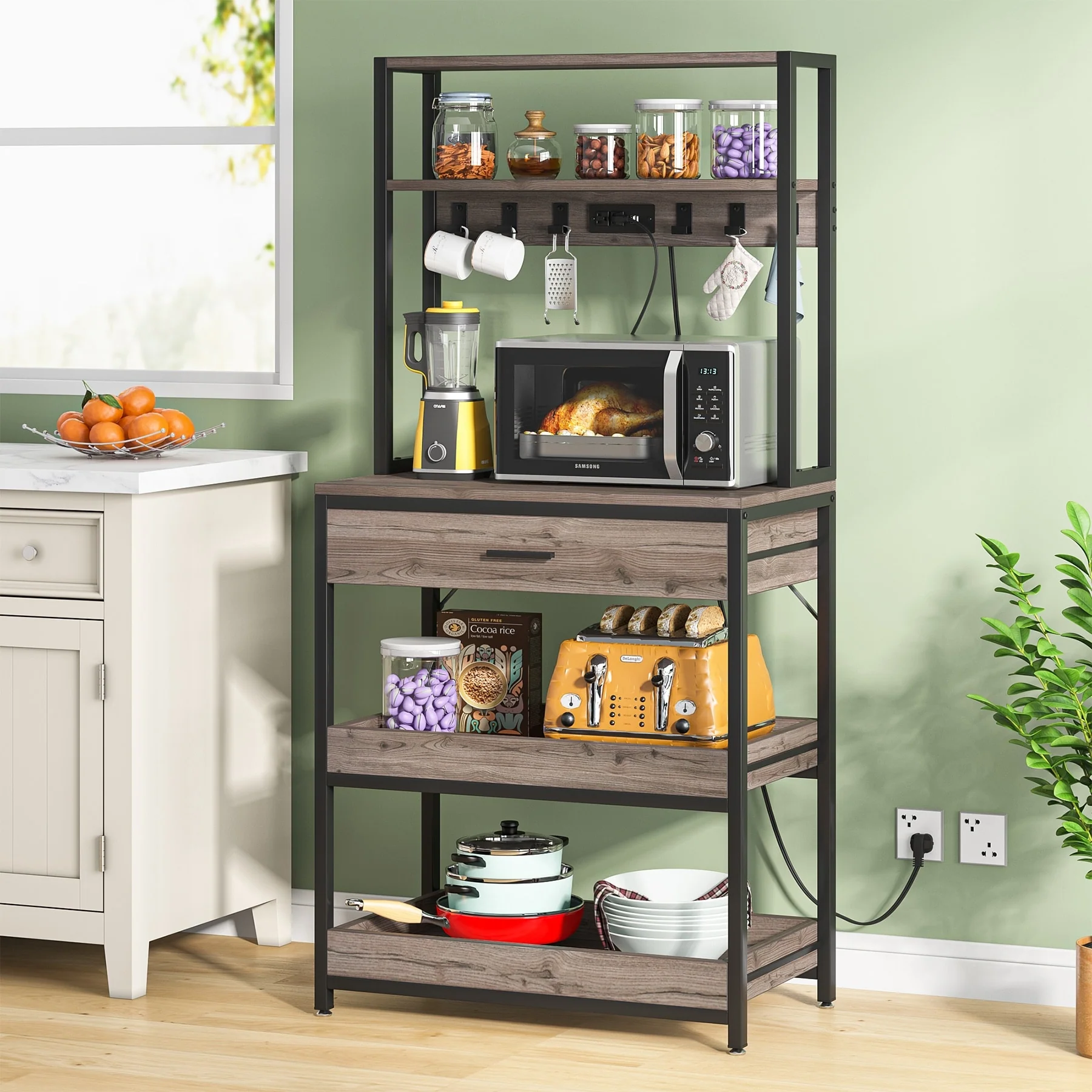 5-Tier Kitchen Bakers Rack with 4 Power & USB Outlets, Microwave Stand with Drawers and Shelves