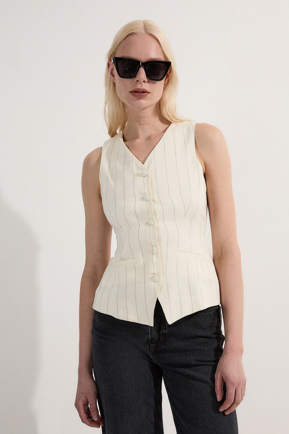 KarenMillen Petite Premium Linen Viscose Pinstripe Tailored Waistcoat