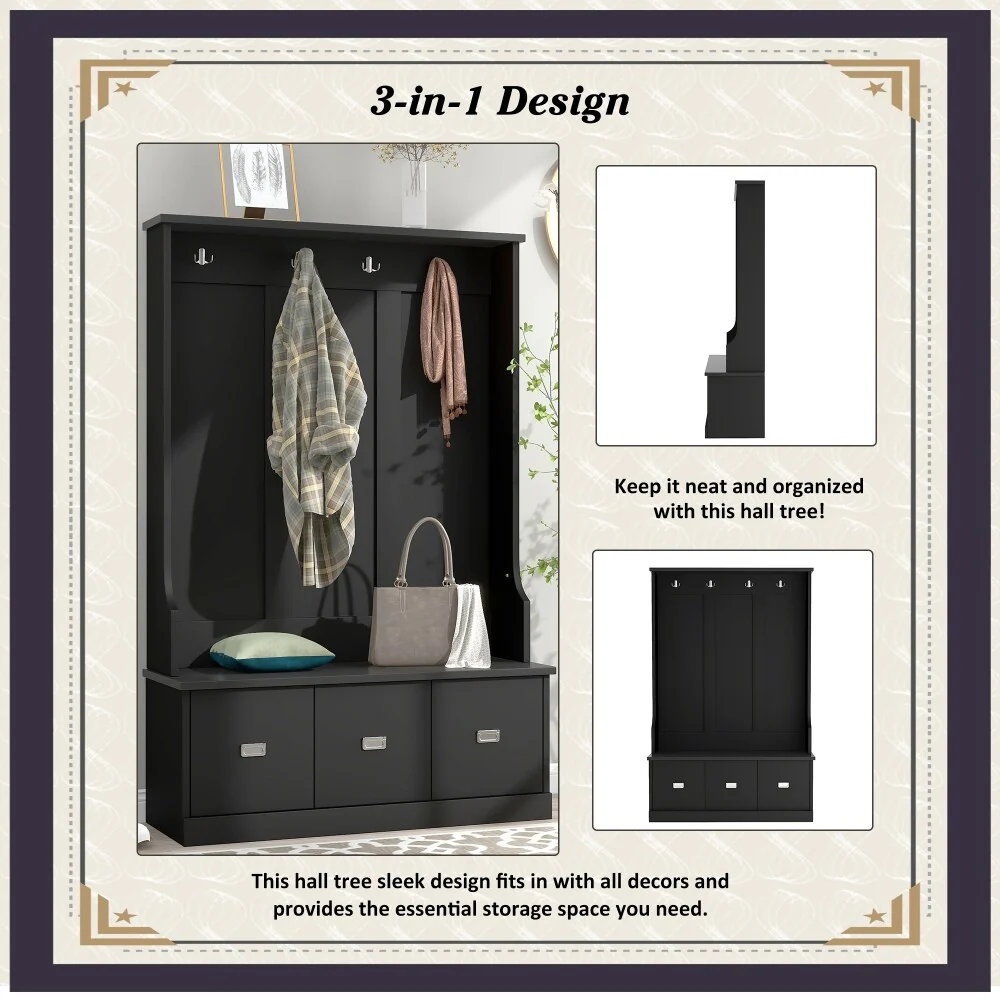 3-in-1 Design Black Two-tone Hall Tree with 4 Hooks and 3 Large Drawers - 45.8“L x 16.3” W x 72.1”H