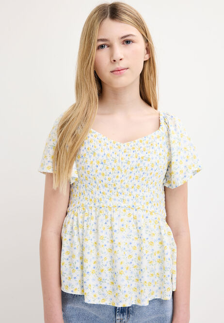 Older Girls White Floral Shirred Flute Sleeve Top