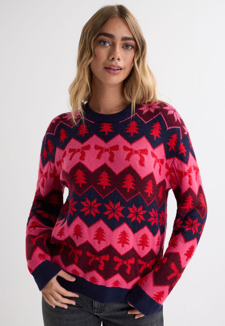 Womens Navy Bow Fairisle Christmas Jumper