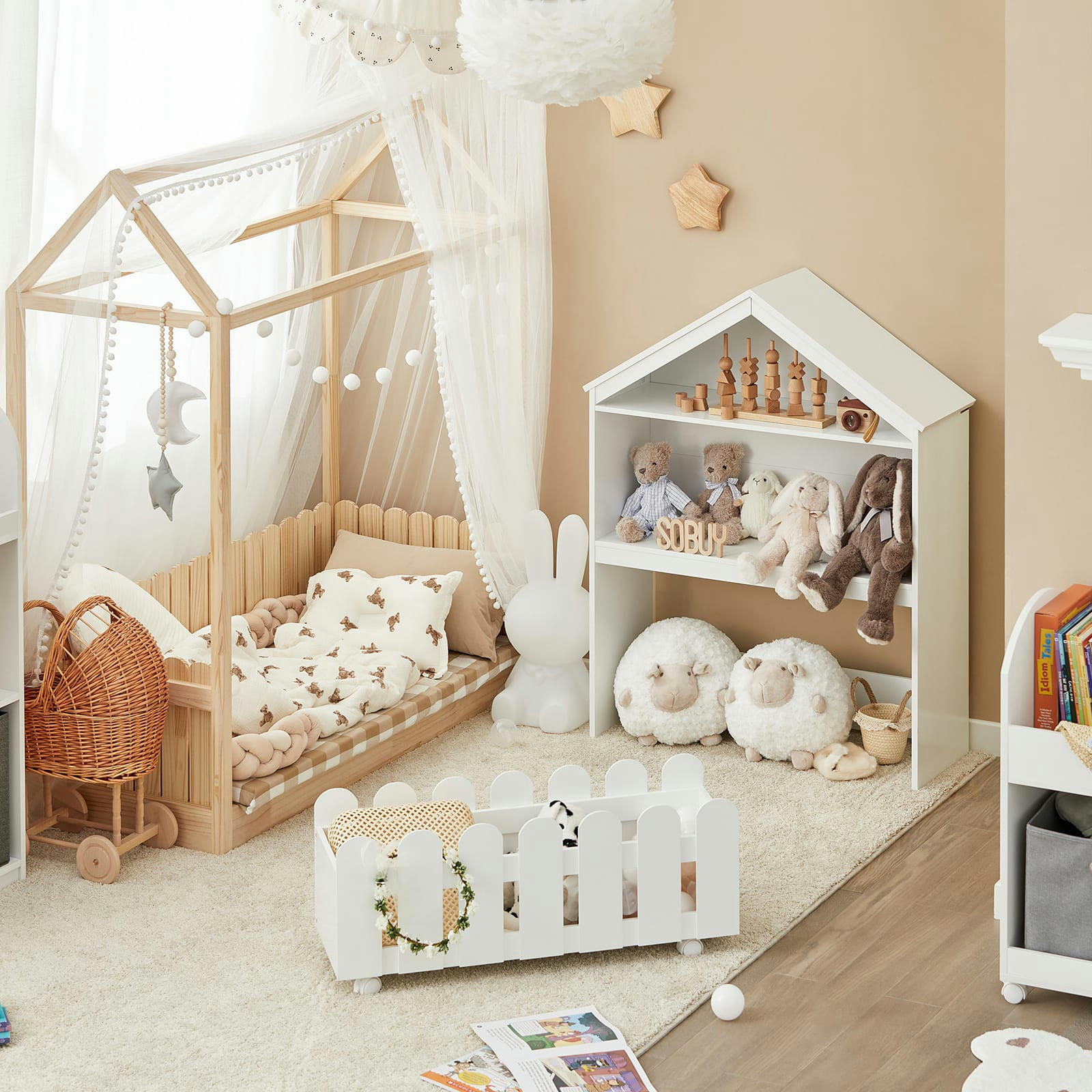 - Bibliothèque en forme de maison pour enfants effect bois blanc