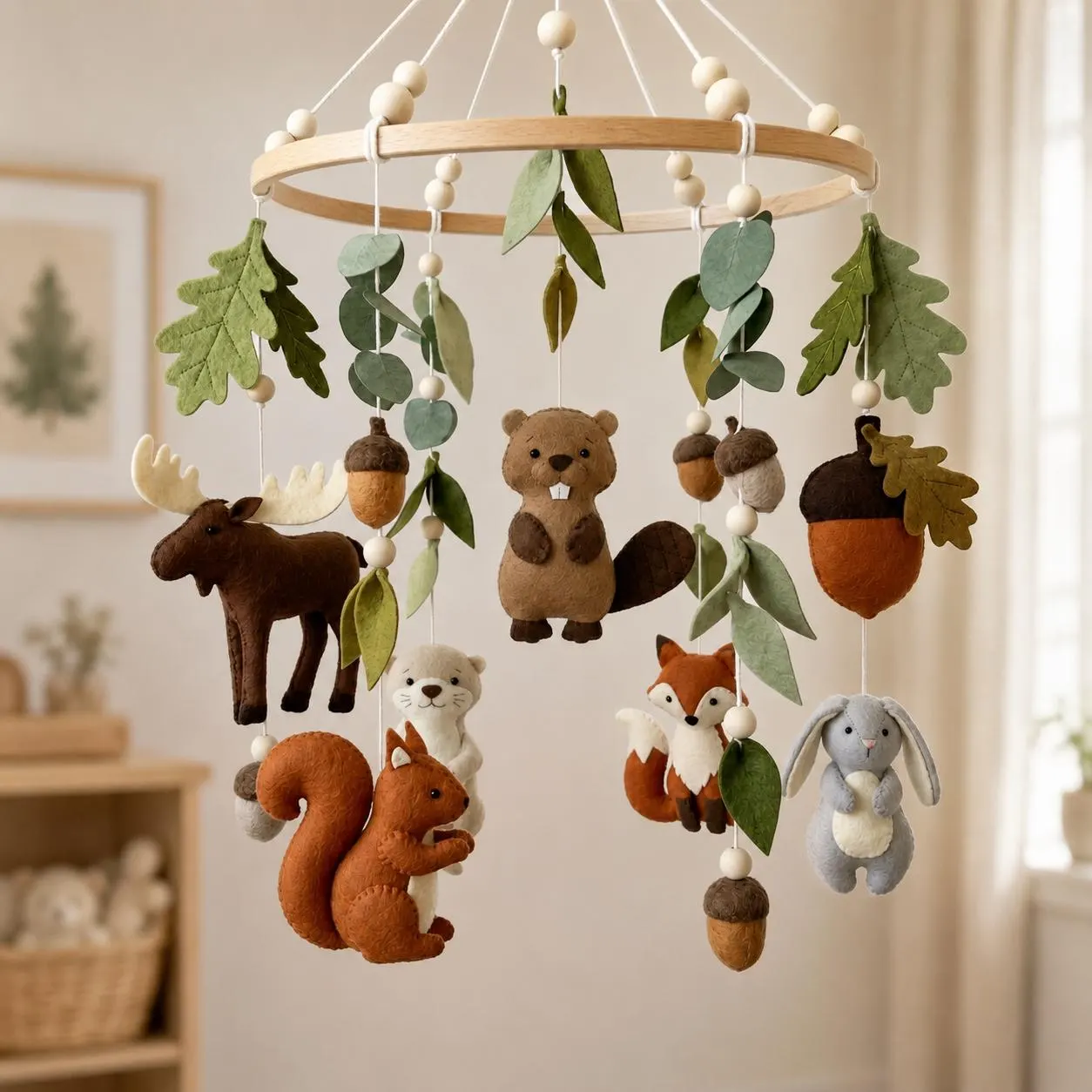 Woodland Felt Baby Mobile, Forest Animals Crib Decor, Fox Bunny Squirrel Moose Beaver