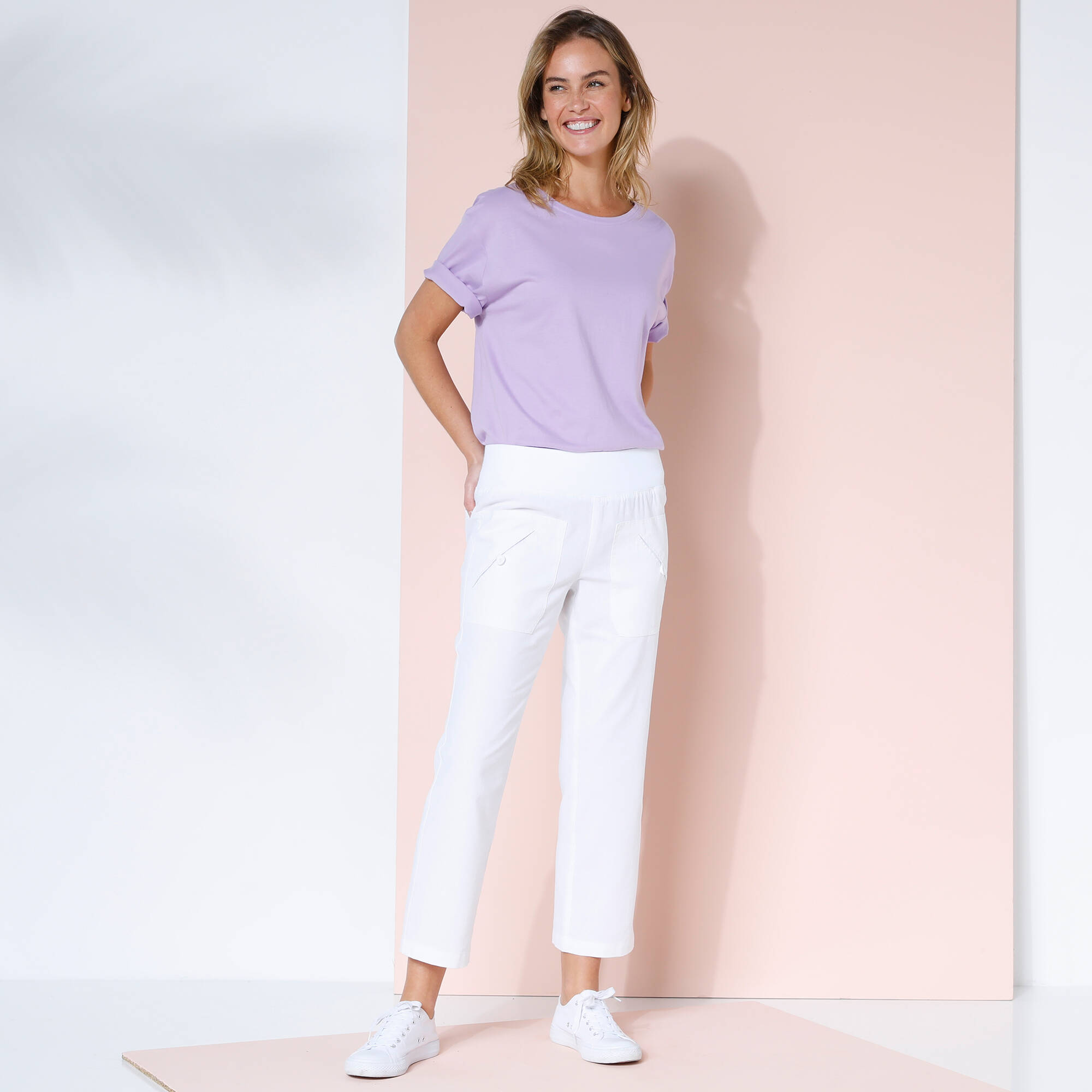 Pantalon droit 7/8ème, taille élastiquée, lin coton