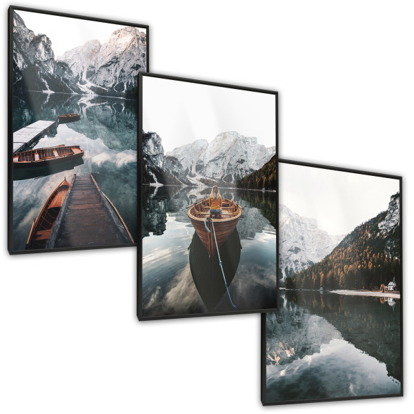 ZESTAW 3x Plakat W Ramie Łódki Na Górskim Jeziorze 30x40cm