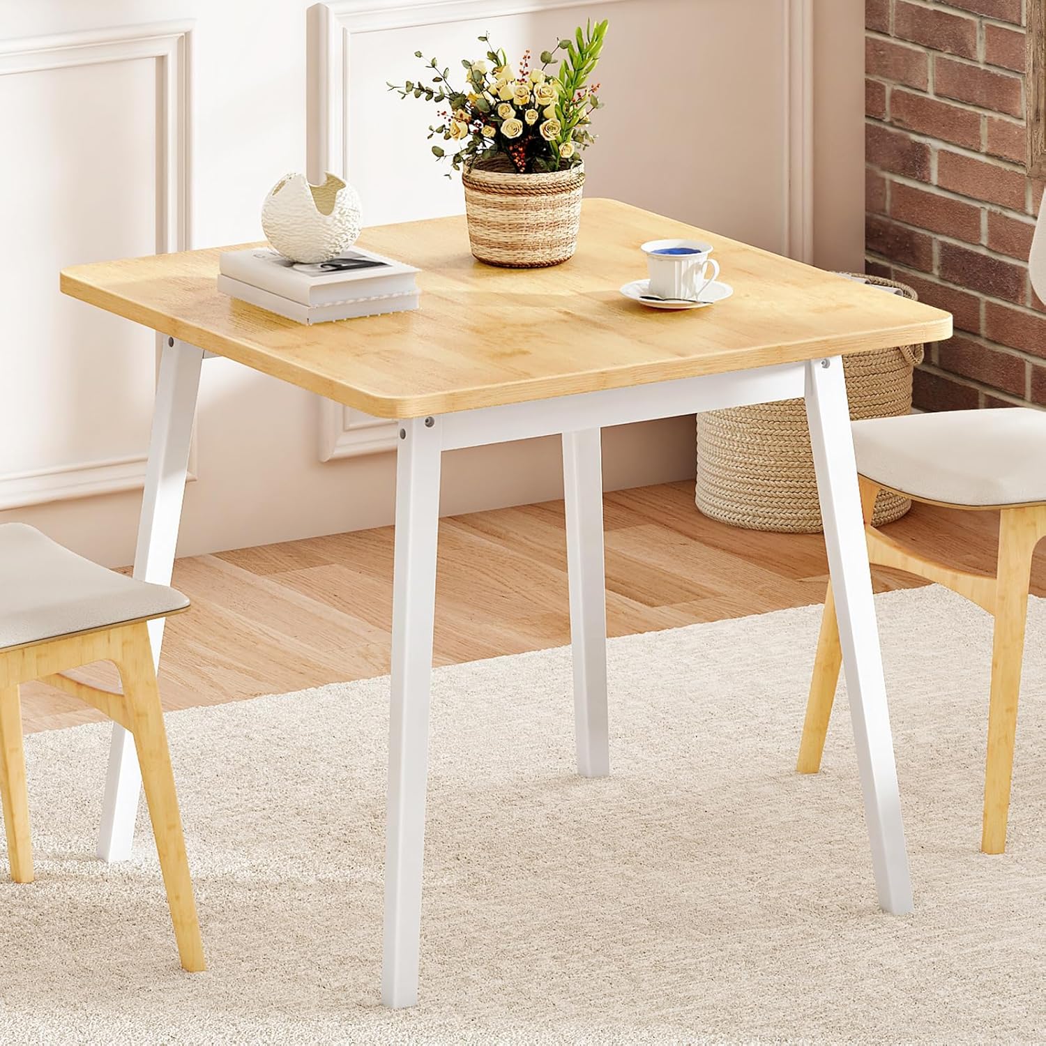 HOOBRO Bamboo Dining Table, Square Dining Table for 2, 27.6 Kitchen Table for Small Space, Writing Table, Easy to Assemble, for Dining Room, Living Room, Office, Kitchen, Natural and White YW70CZ01G1