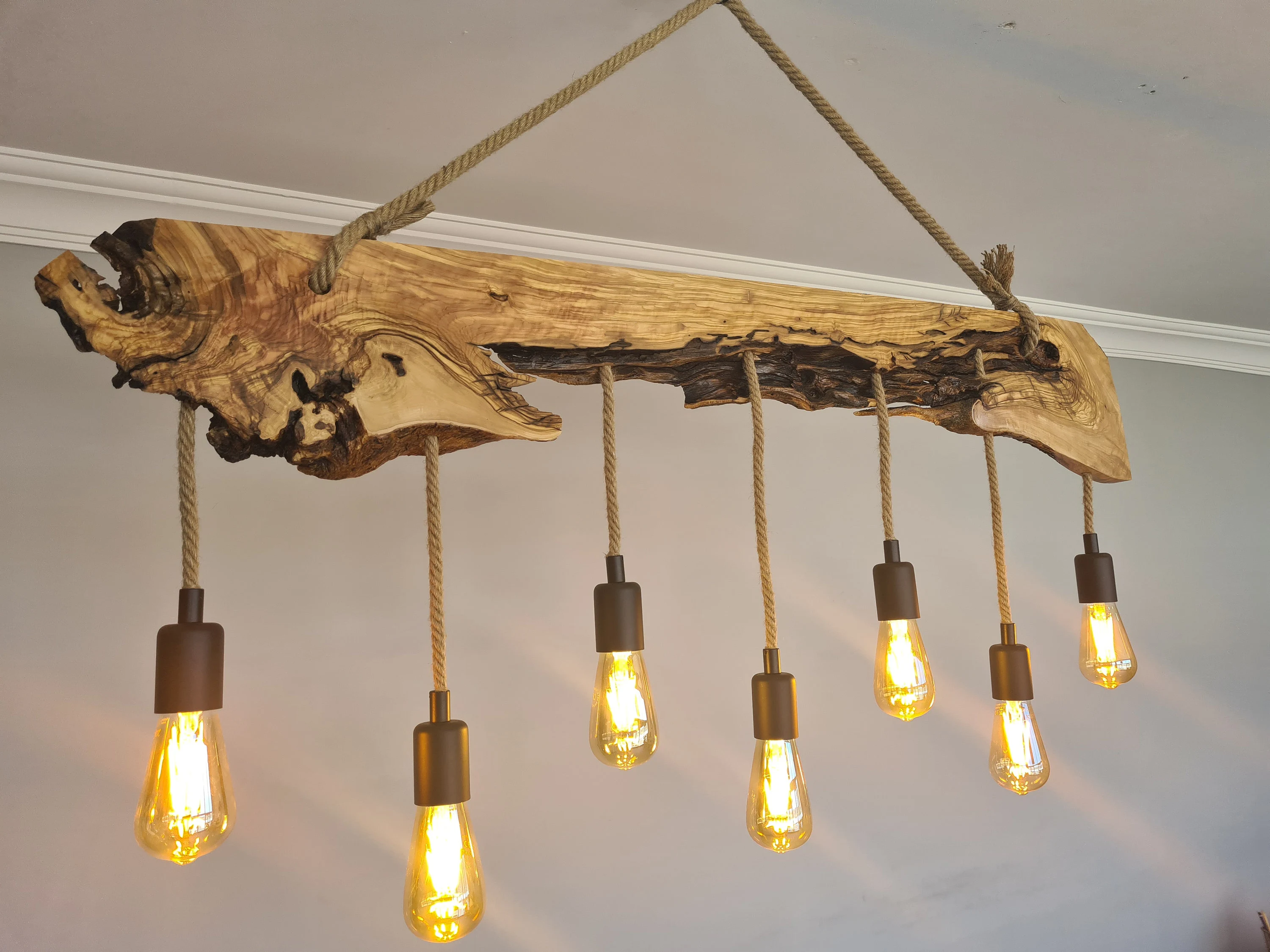 Olive Wood Rustic Light Fixture, Farmhouse Wooden Live Edge Chandelier For Dinign Room, Unique Ceiling Light For Dining Table and Kitchen