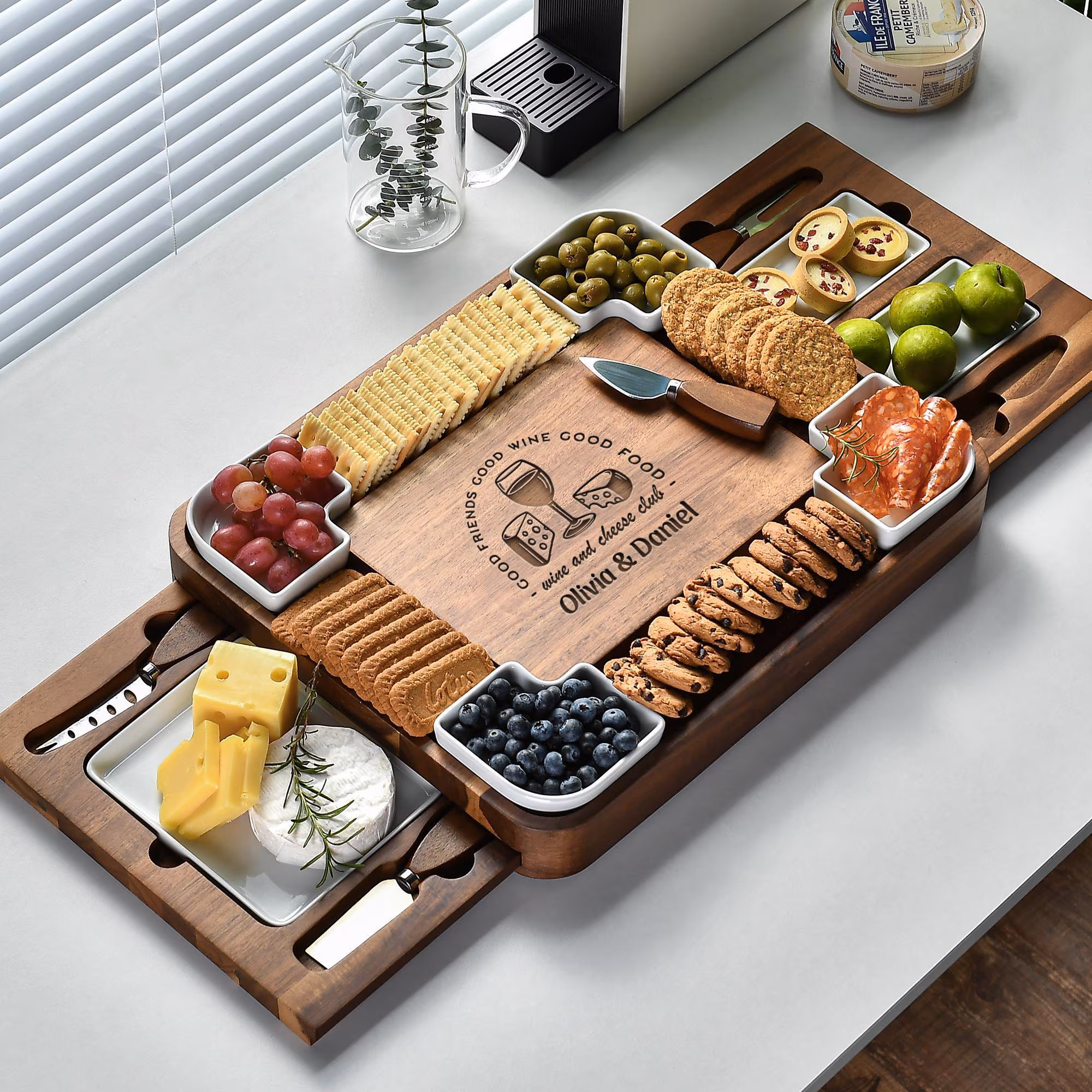 Multisectional Wood Charcuterie Board Set with Cheese Knives Customizable with Name and Date Wedding Anniversary Gift for Older Couple