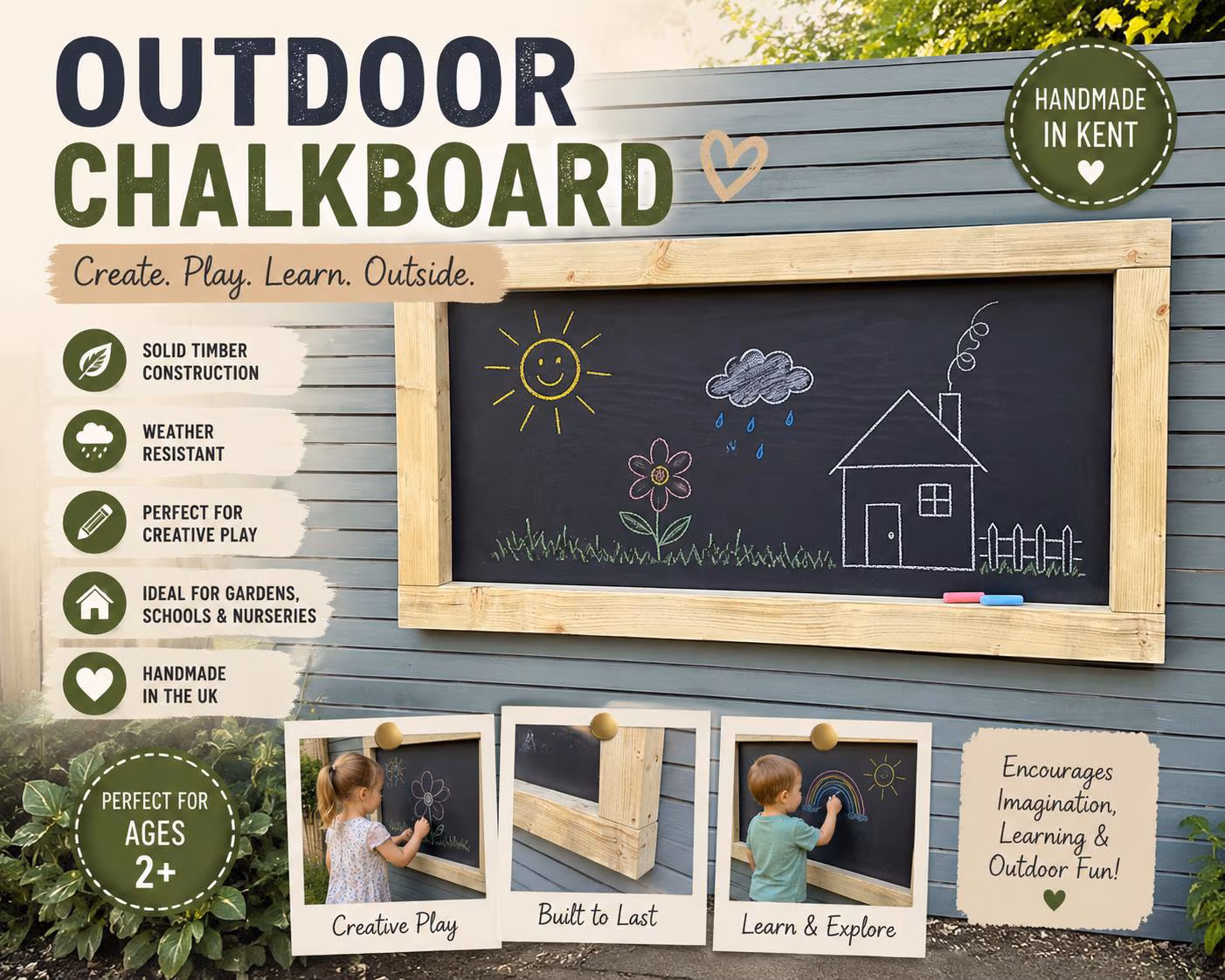 Handmade Wooden Outdoor Chalkboard: Large Garden Blackboard, 60x120cm