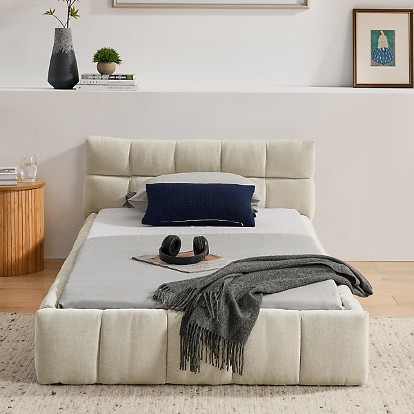 Lit Simple 90x200 cm enfant Capitonné, Housse Chenille Douce, Cadre Bois Métal, Beige, Sans Matelas