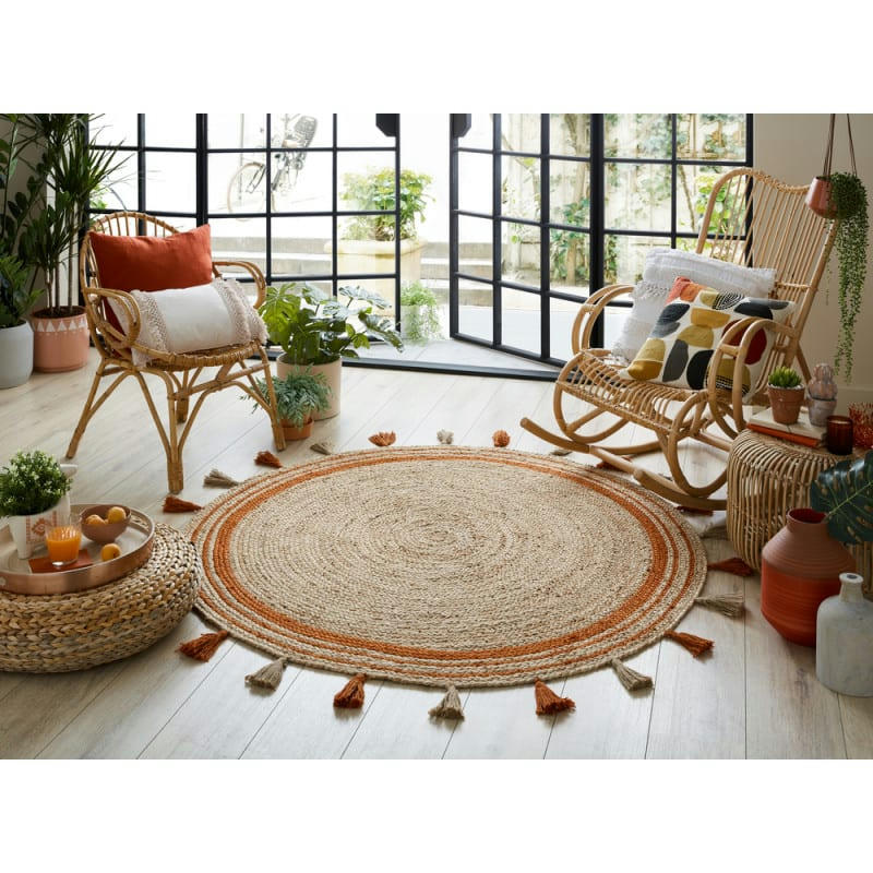 LUNARA - Tapis d'entrée en jute Rond Orange Diam. 150