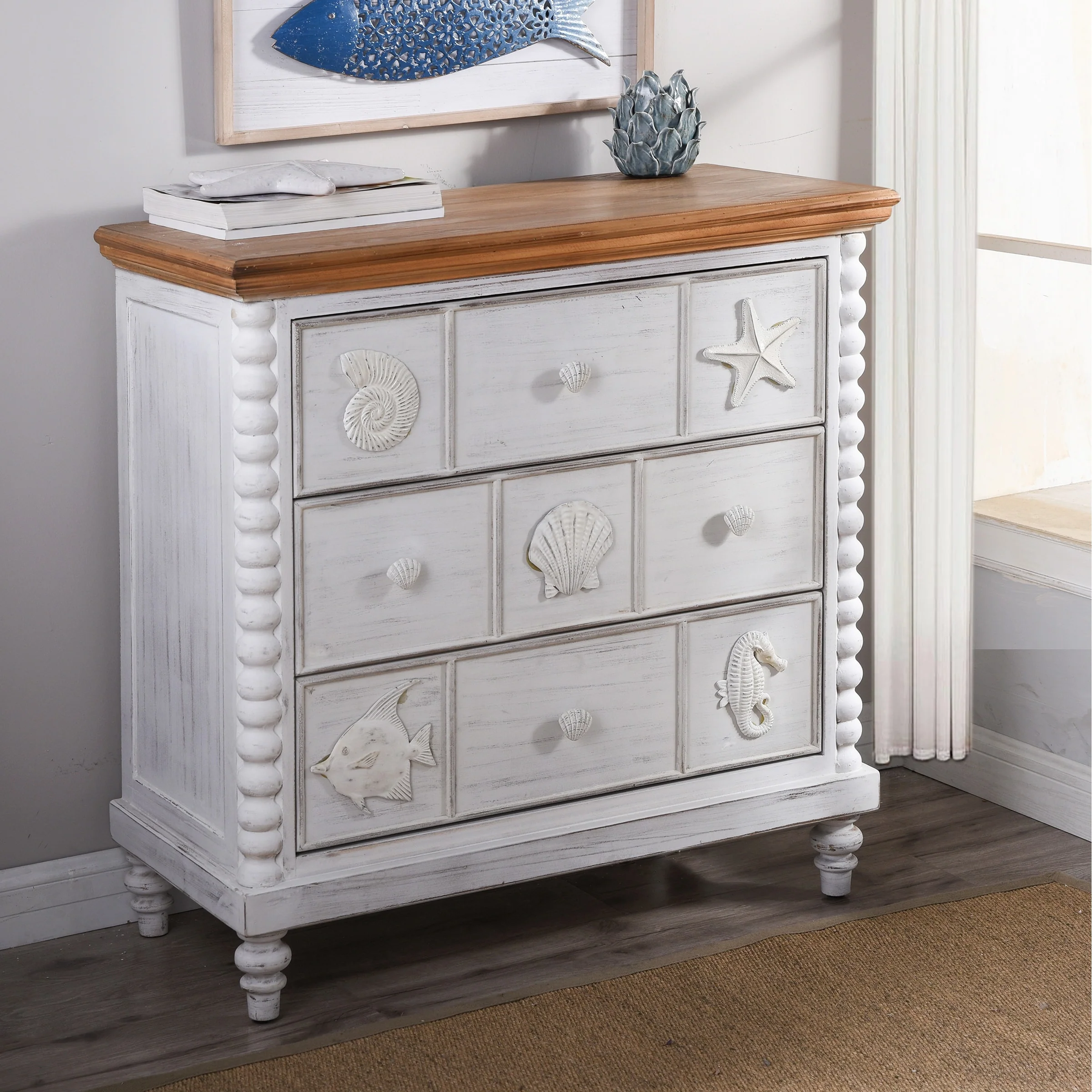 Montauk Two Tone Finish Three Drawer Ocean Motif Chest