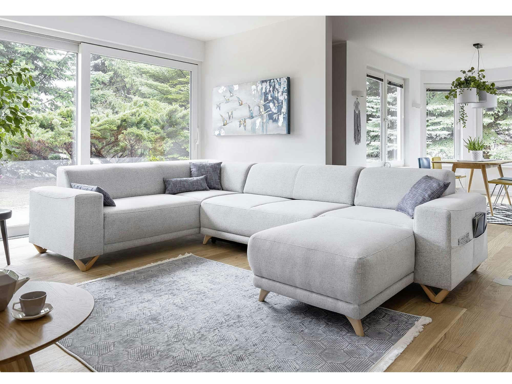 BELLA - Canapé panoramique 7 places angle gauche en tissu gris clair