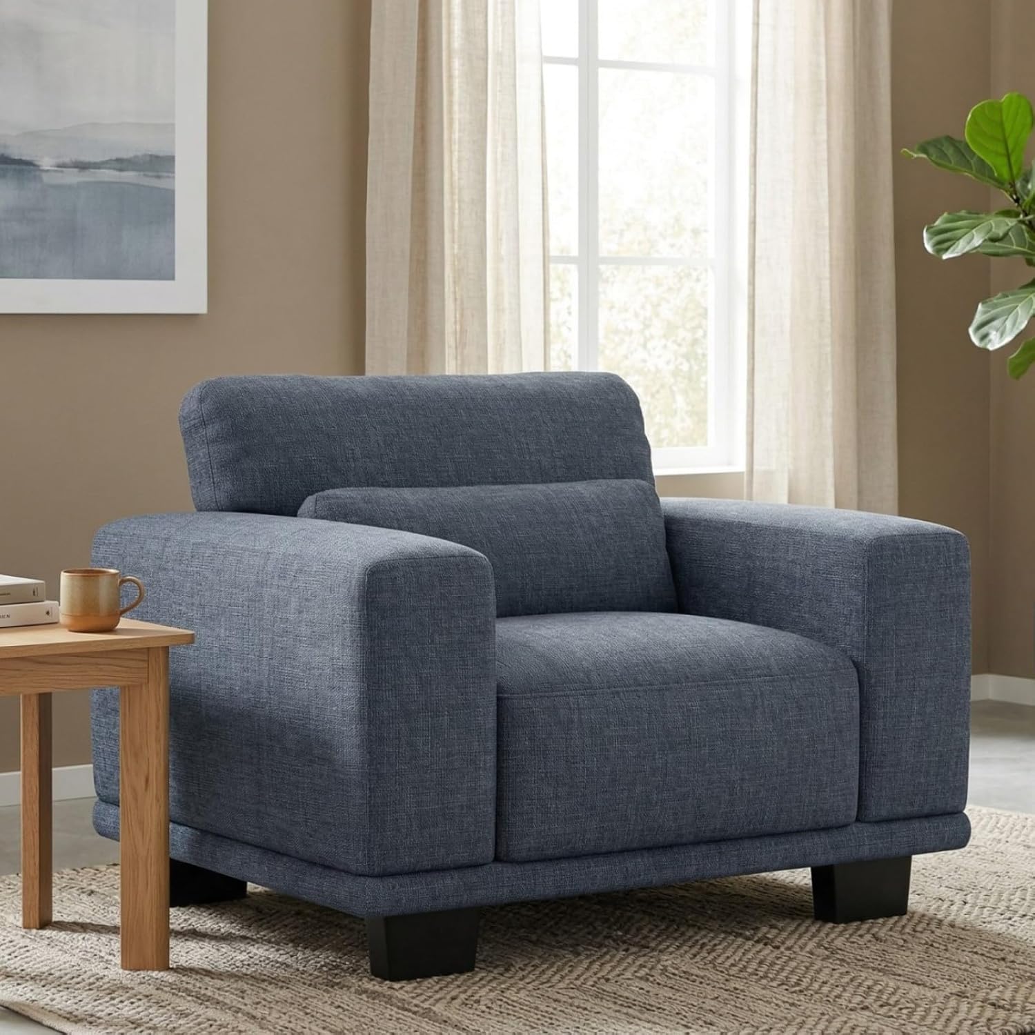 Marsail Single Seater Couch, 40 Inch Sofa with Deep Cushions, Modern Linen Fabric Sofas for Living Room, Comfy Upholstered Couch with Removable Washable Covers, Blue