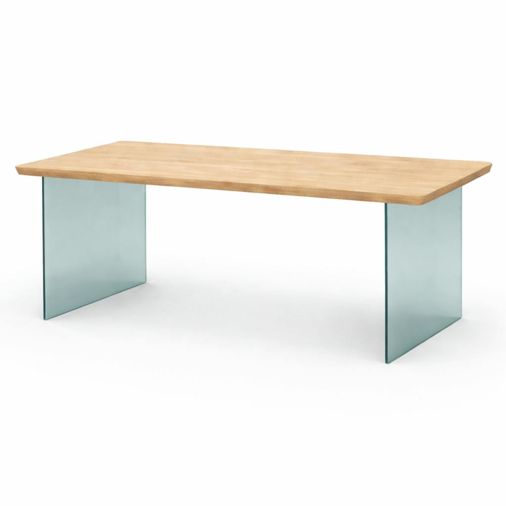 Table extensible chêne blanc bords biseautés pieds verre 180 cm PALERME