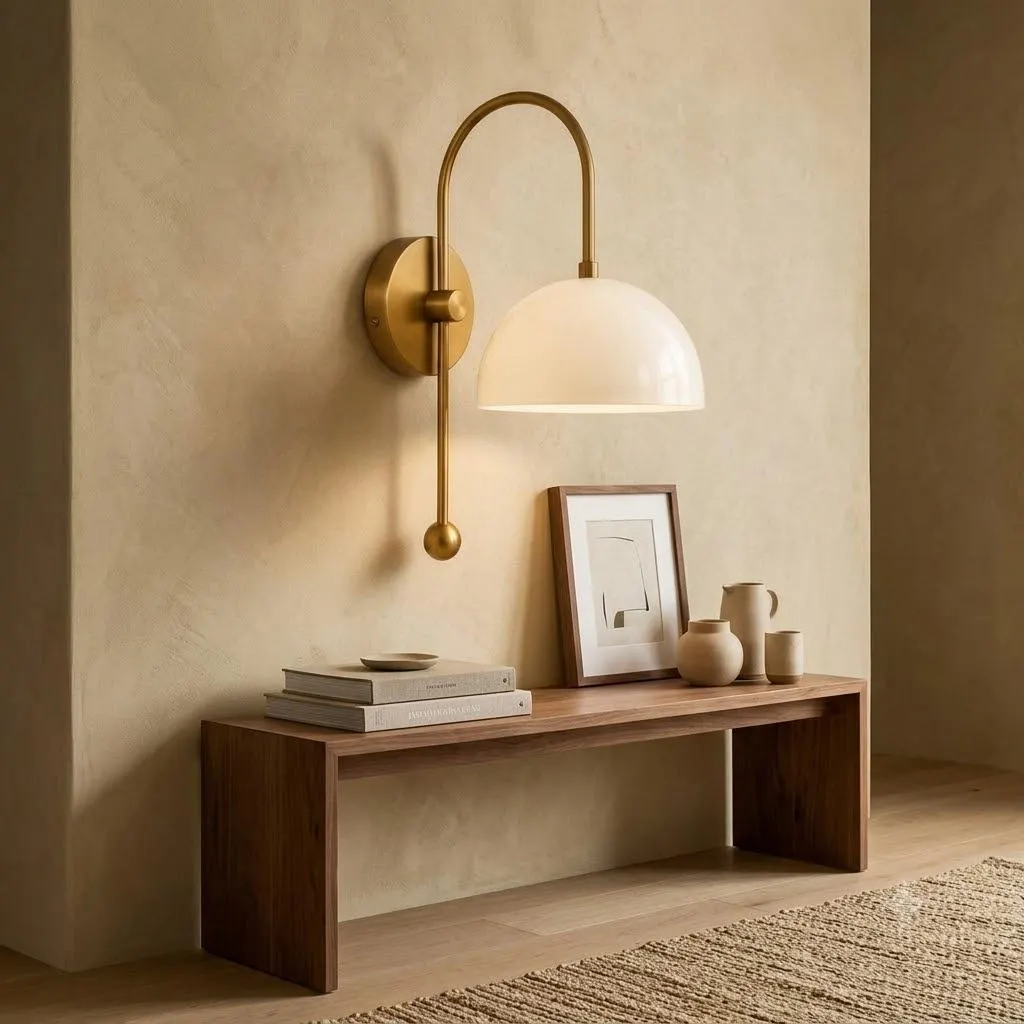 Modern Brass Wall Sconce, White Dome Shade, Mid Century Wall Light, Brass Bedroom Lamp, Bathroom Vanity Sconce, Bedside Wall Lighting