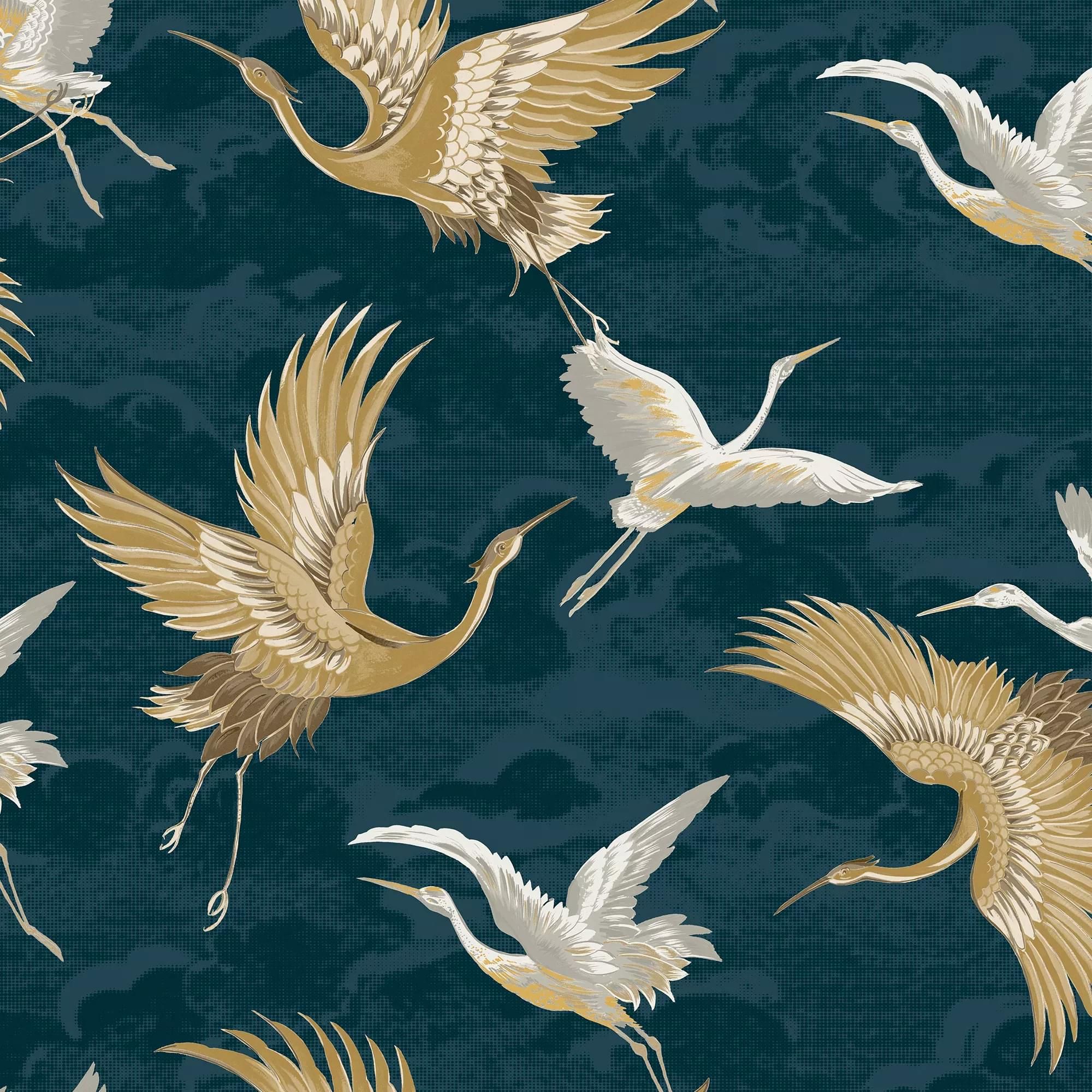 Sublime Kranes Floral Petrol Blue Wallpaper