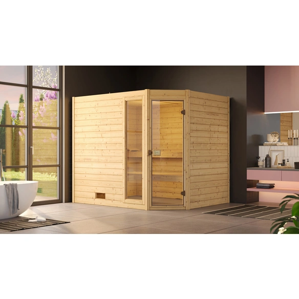 Massivholzsauna »VALIDA ECK 3«, 4 Personen, inkl. 7,5 kW Ofen mit externer Steuerung