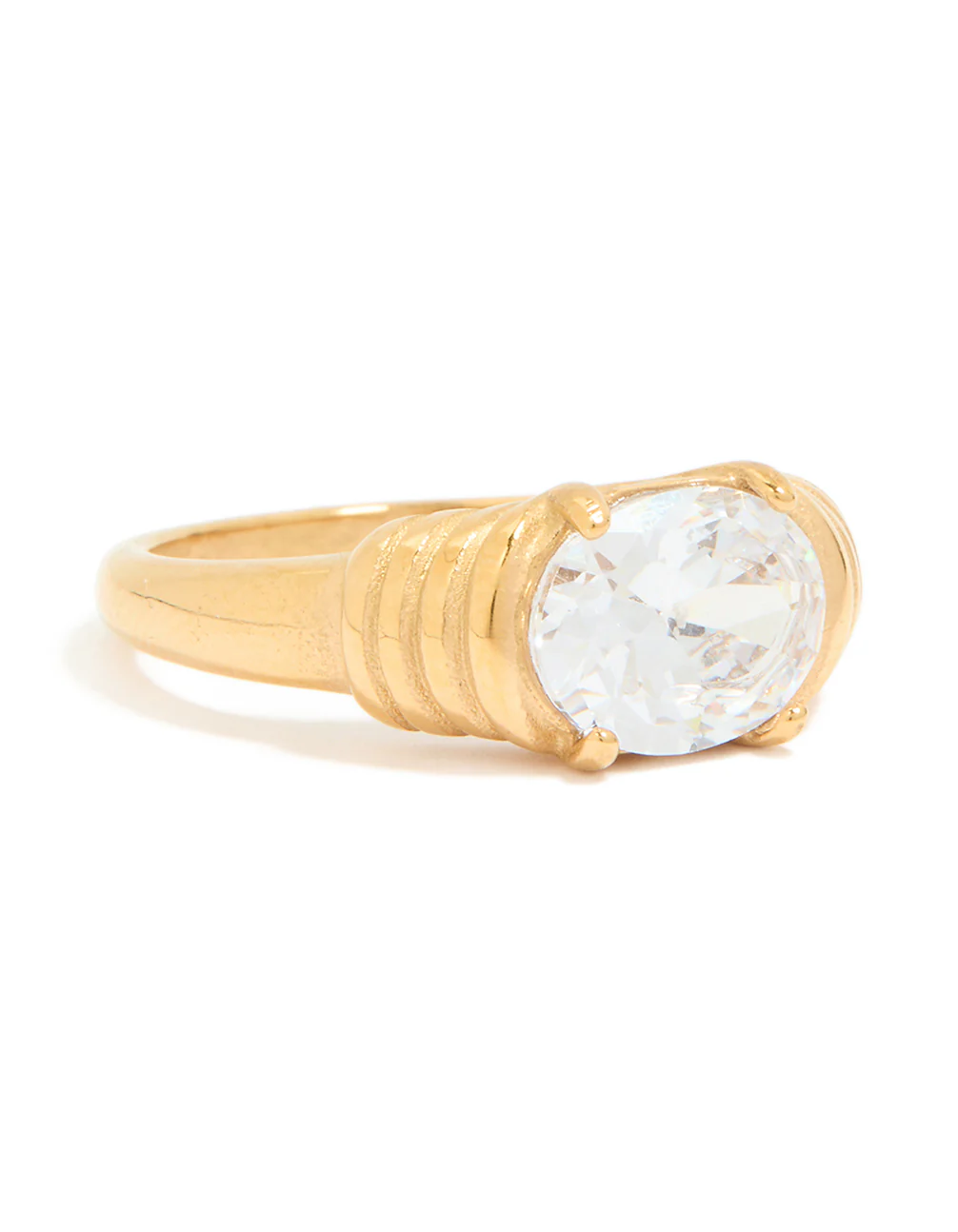 Waterproof Gold Plated Stainless Steel Oval Cubic Zirconia Ribbed Ring