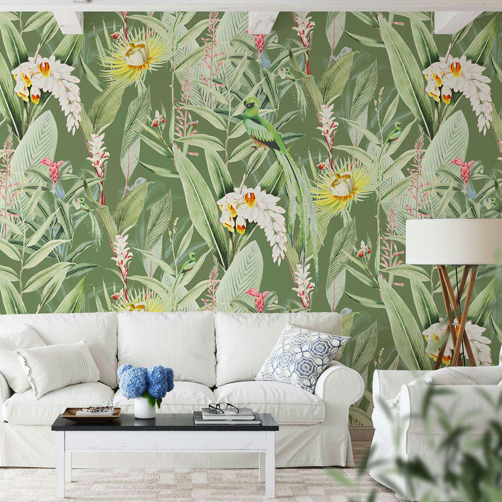- Papier peint panoramique motifs fleurs jardin tropical vert 255x260cm