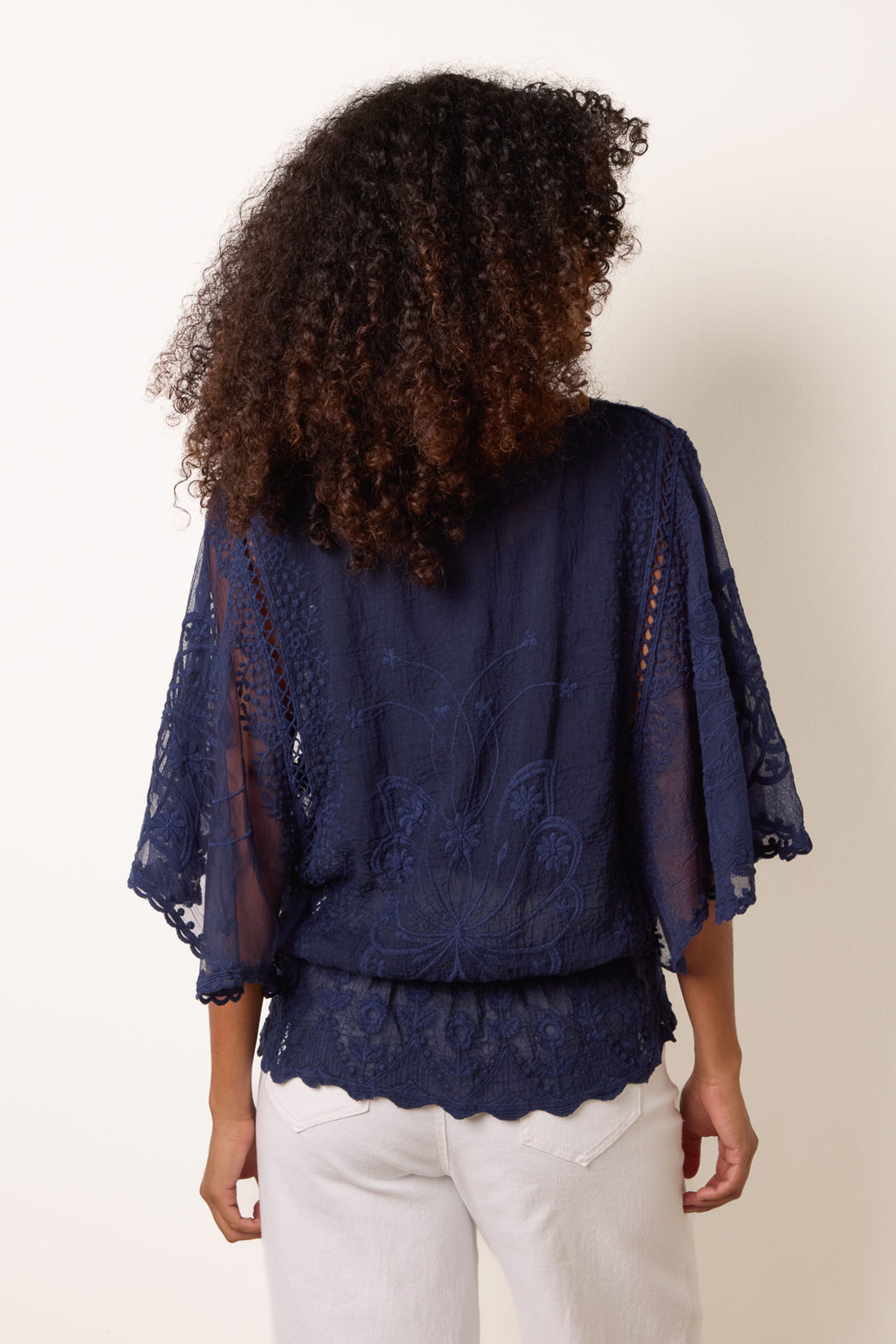 Blue Vanilla Floral Lace Butterfly Sleeve Blouse