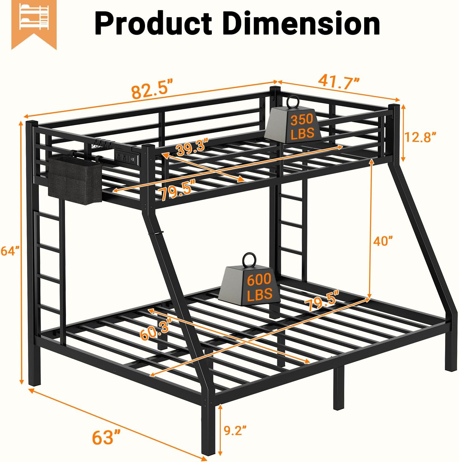 Twin XL Over Queen Bunk Bed, Metal Bunk Bed Frame Heavy Duty Bunk Beds Loft Bed Frame with Ladder and Guardrail Metal Slats No Box Spring Required for Adults Teens, Black
