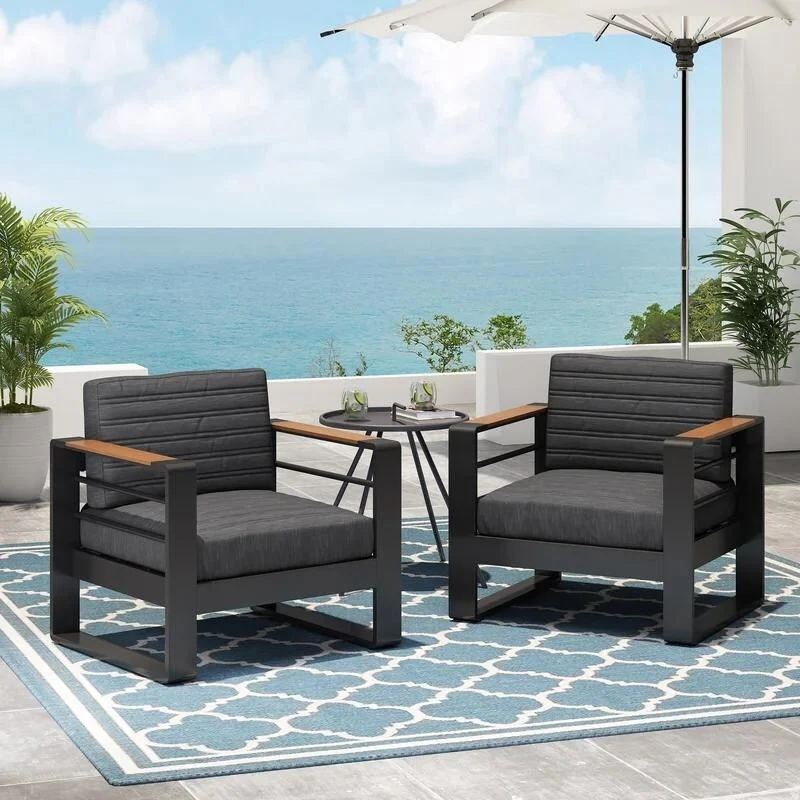 Roomfitters Modern Outdoor Club Chairs with Wood Arm Accents, Deep Cushioned Lounge