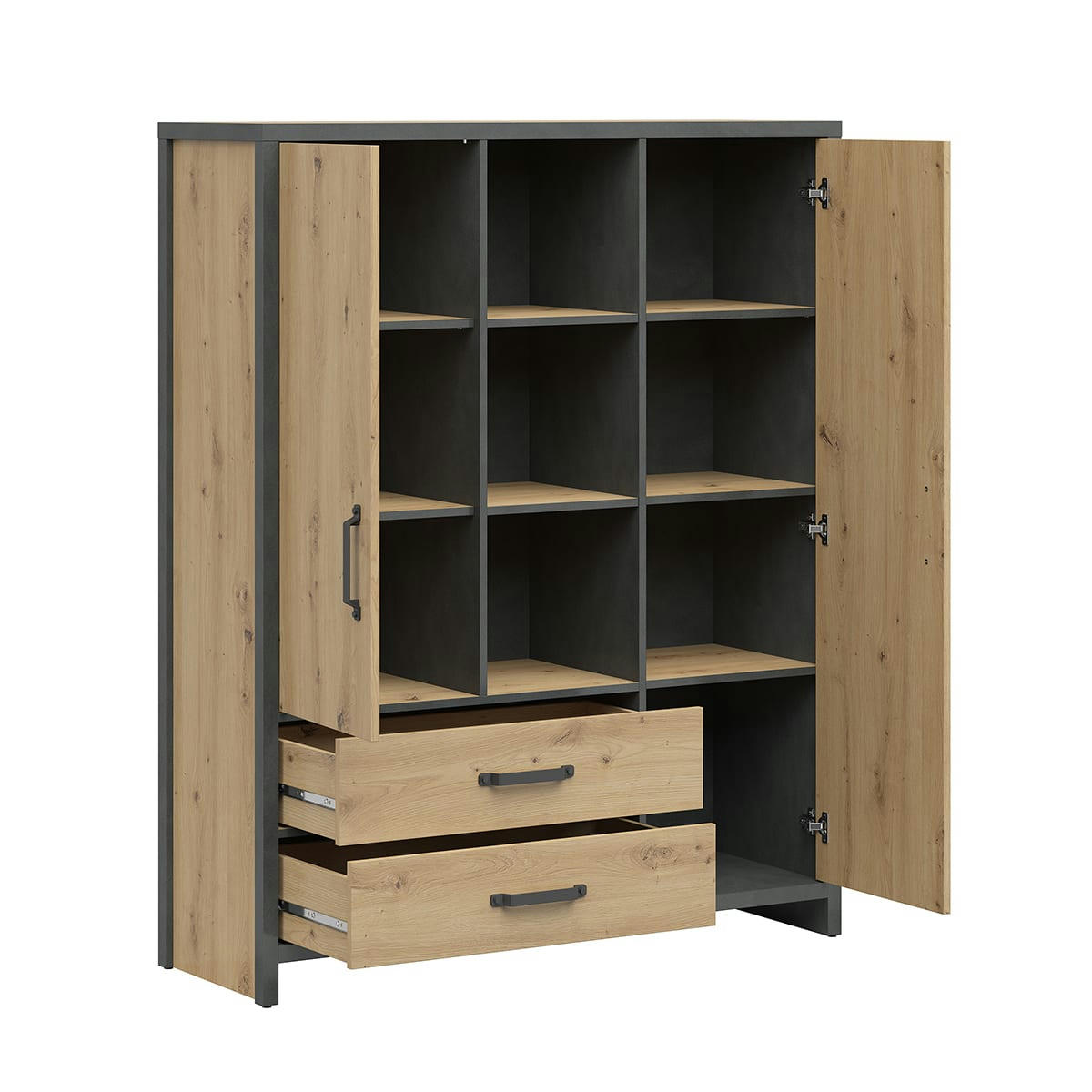 - Bibliothèque 2 portes 2 tiroirs stratifiés naturel et gris