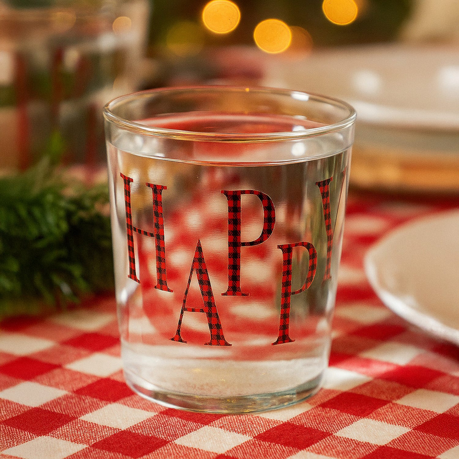 Bicchiere acqua decoro Happy tartan rosso Xmas Carol