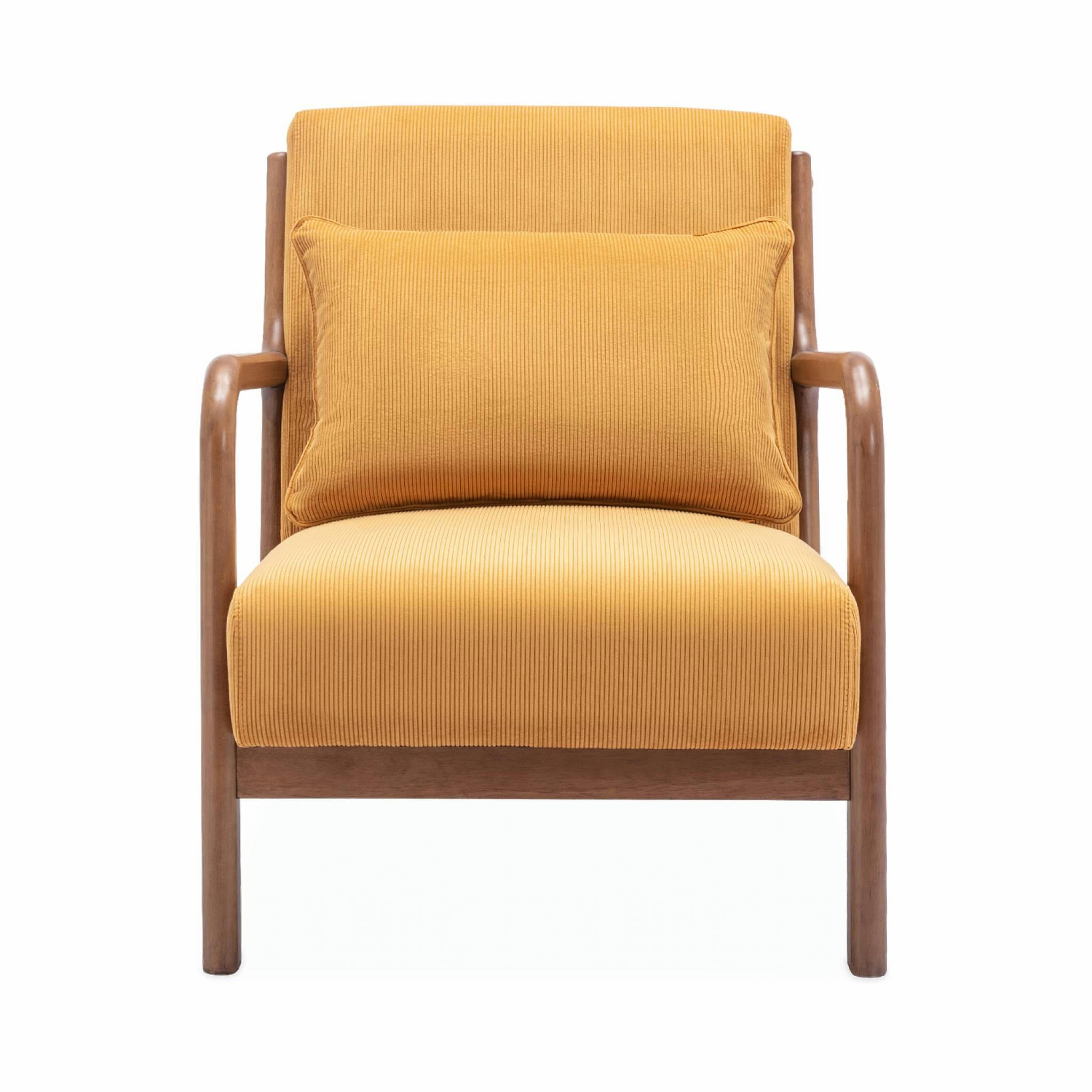 LORENS - Fauteuil velours côtelé ocre, pieds bois d'hévéa