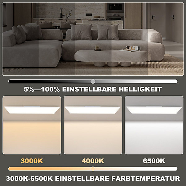 NETTLIFE Panneau LED 120 x 30 cm, intensité variable, éclairage de plafond plat, couleur RVB changeante, avec télécommande, 36 W