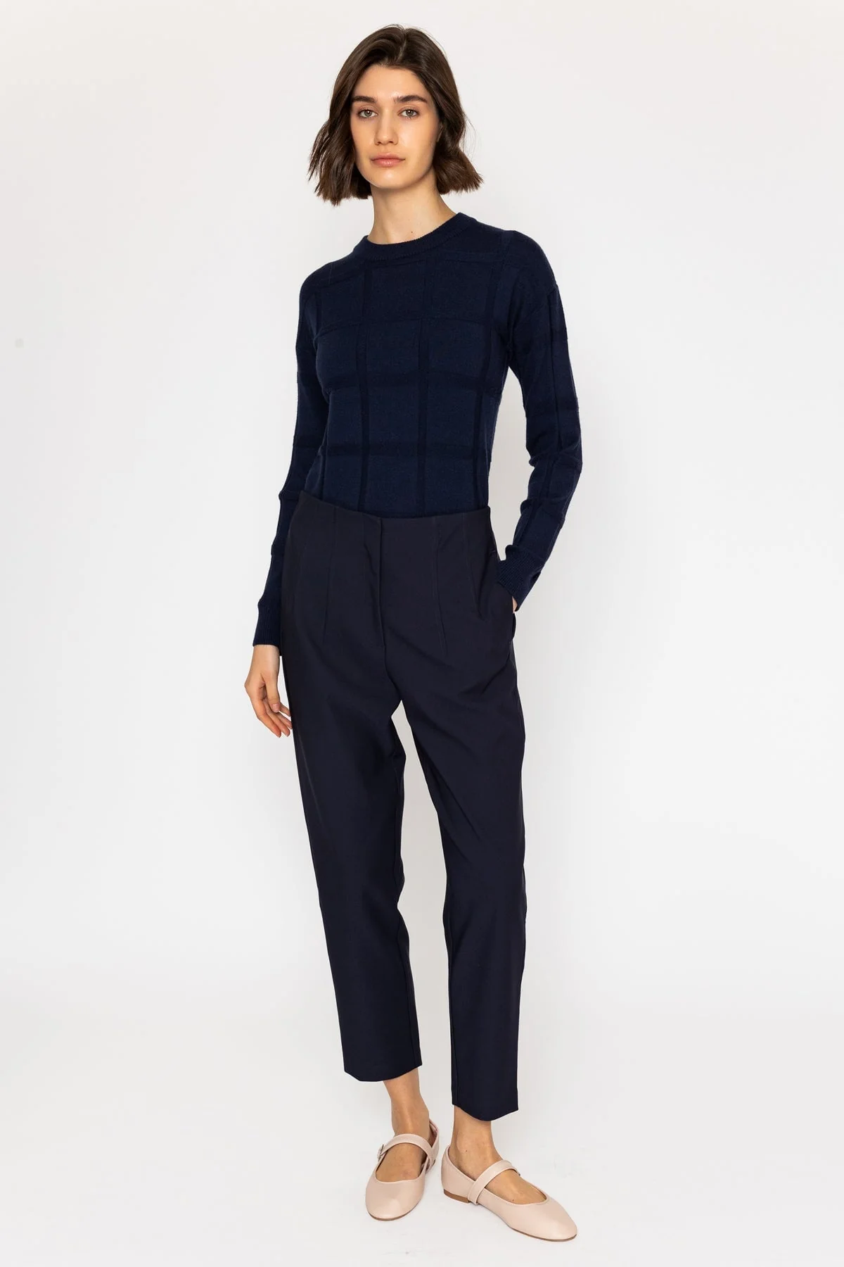Navy Tapered Ankle Grazer Trousers