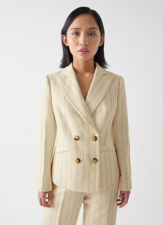 Amore Petite Cream & Black Linen Blend Pinstripe Tailored Jacket