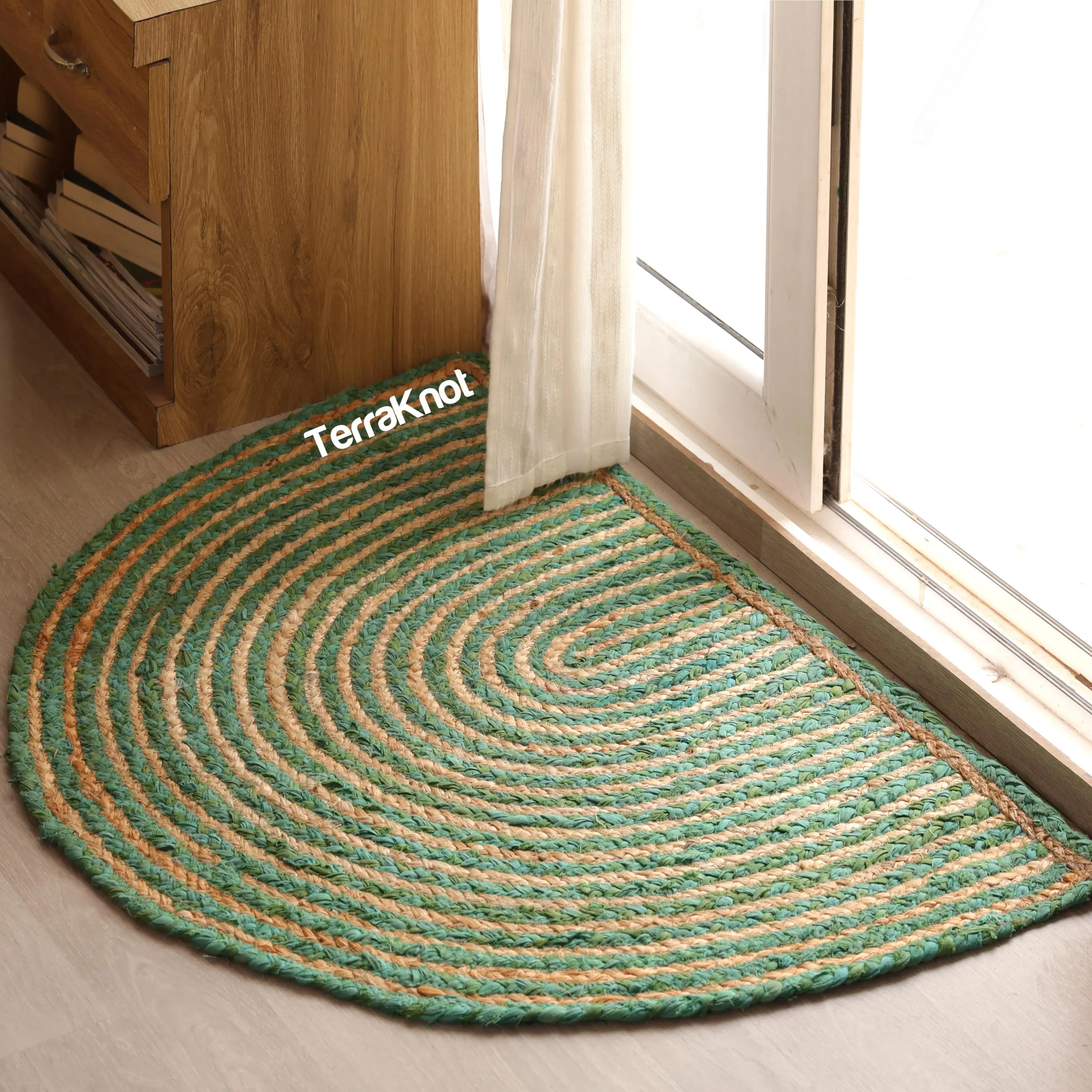 Handmade Half Moon Jute Rug – Green Braided Semi Circle Area Rug for Entryway, Boho Farmhouse Home Decor