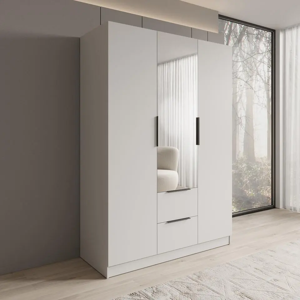 Meubella - Caliero - Kledingkast met spiegel - Wit - 150x60x216 cm