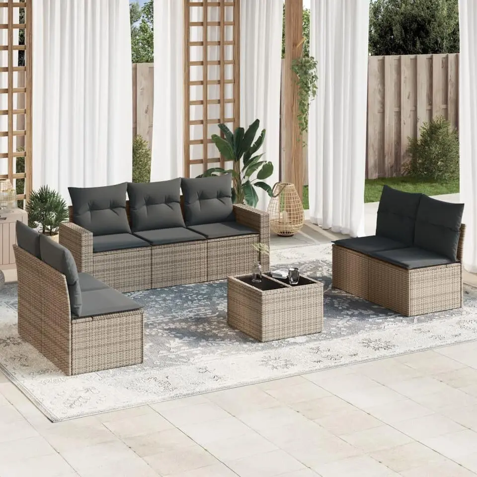 vidaXL Loungeset met kussens en tuintafel voor 7 personen - Grijs - Poly Rattan