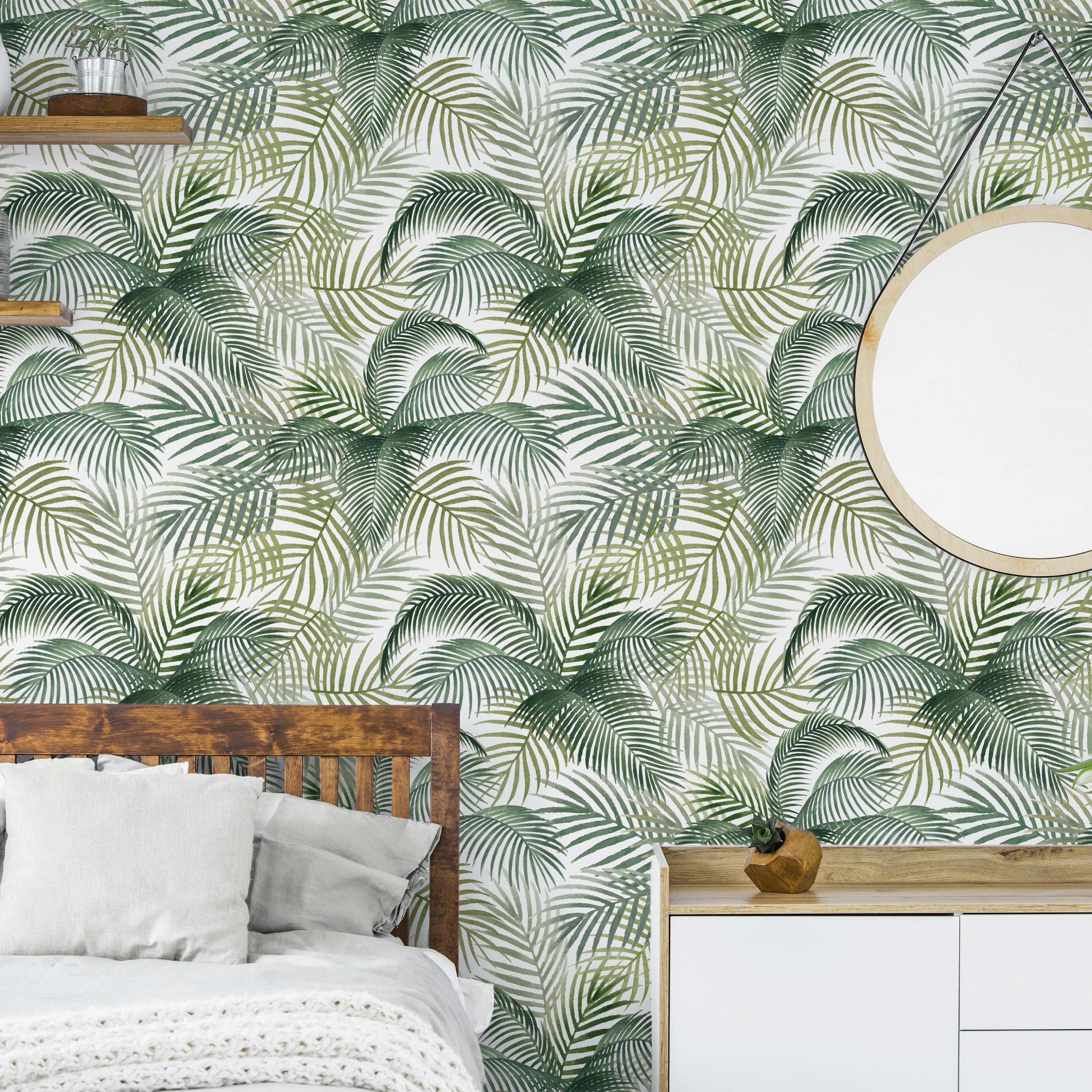 TROPICALWATERCOLOR - Papier peint vinyle adhésif aquarelle tropicale vert 50x300 cm