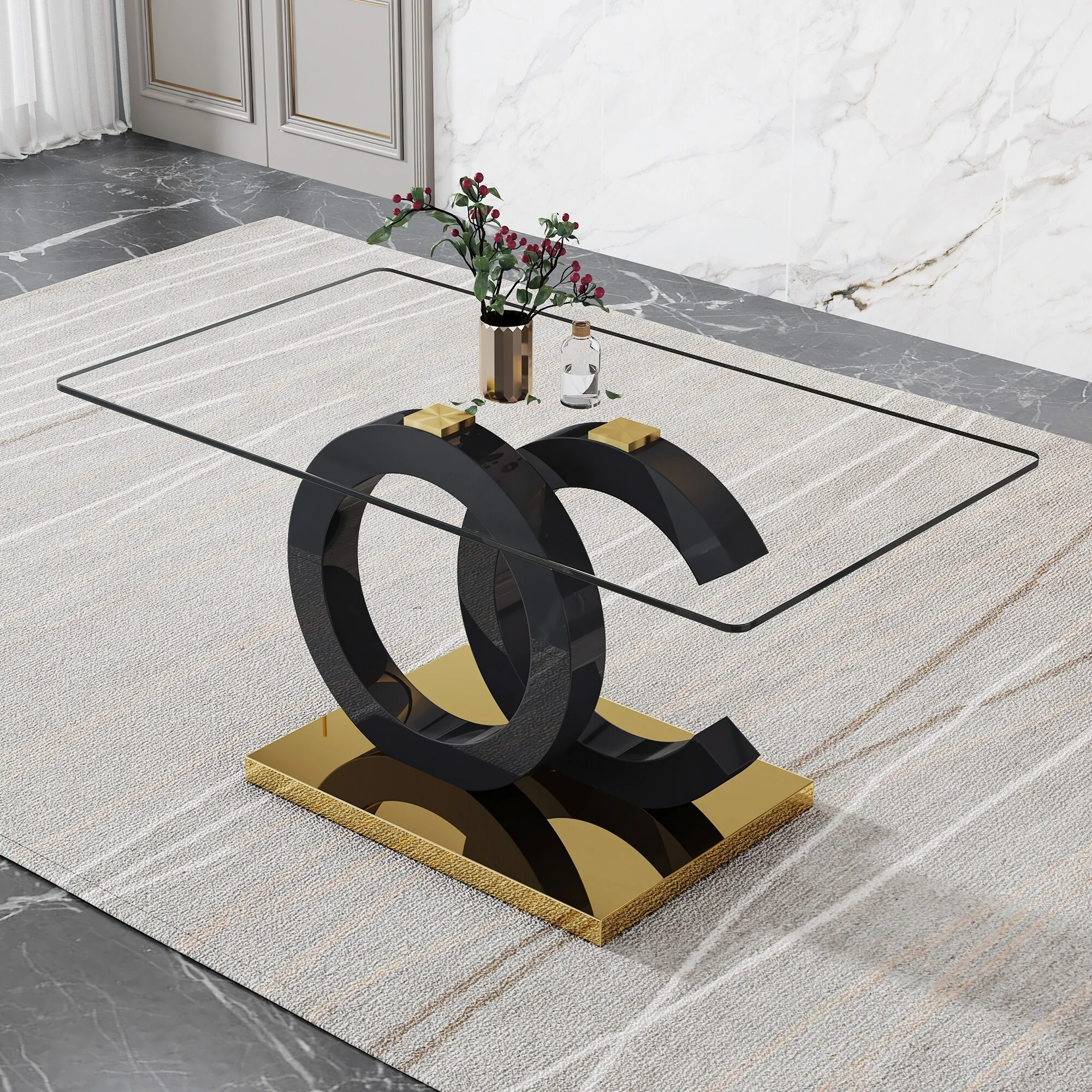 Modern Glass Dining Table with Glass Tabletop and OC Shaped Bracket Accent Table Office Table for Dining Room