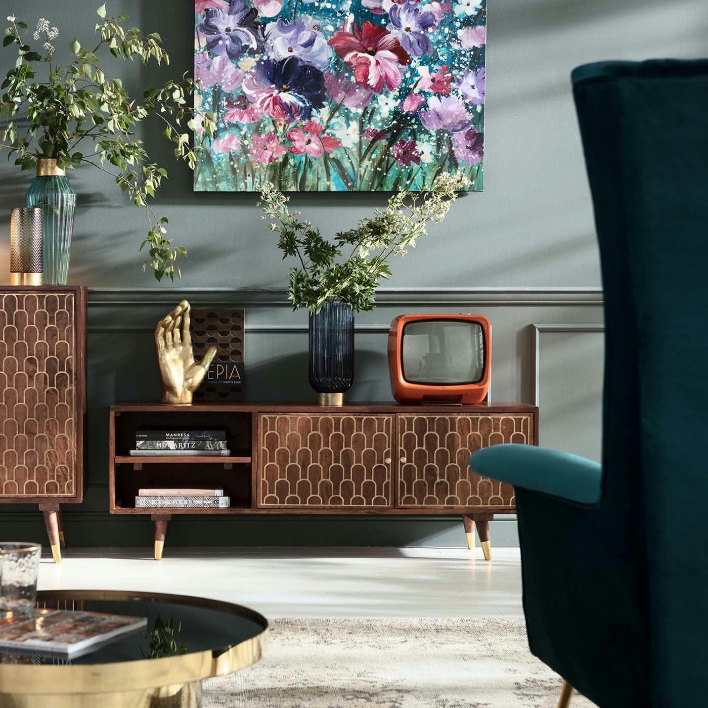 MUSKAT - Meuble TV 2 portes rétro en manguier massif