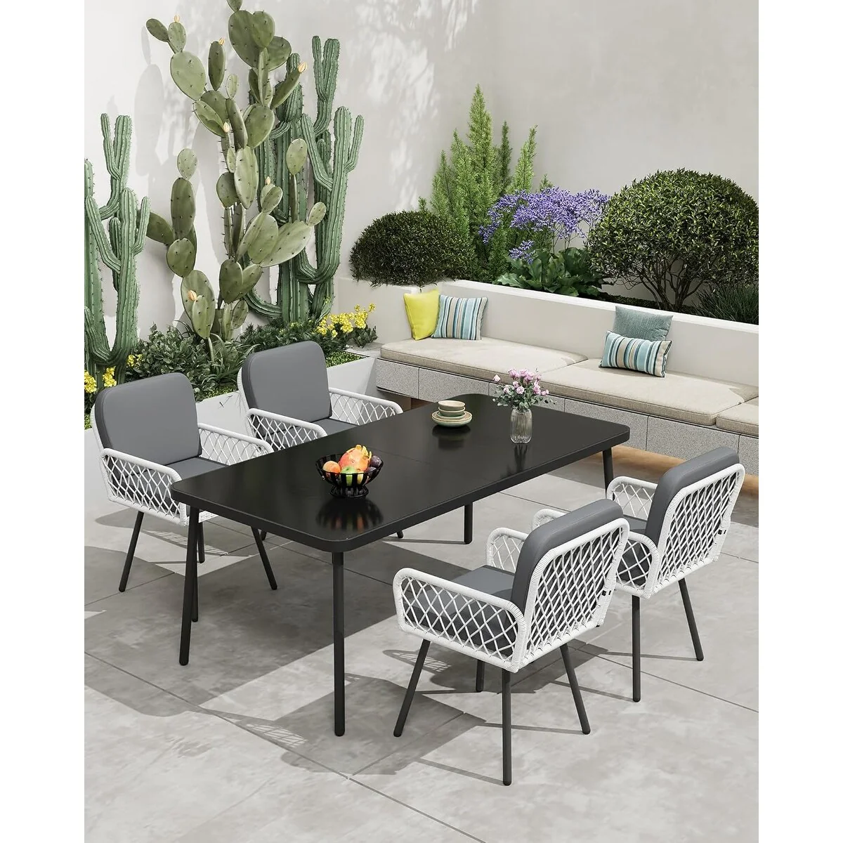 Patio Dining Chairs Set of 4 with Black Metal Frame & White Hand-Woven Rattan