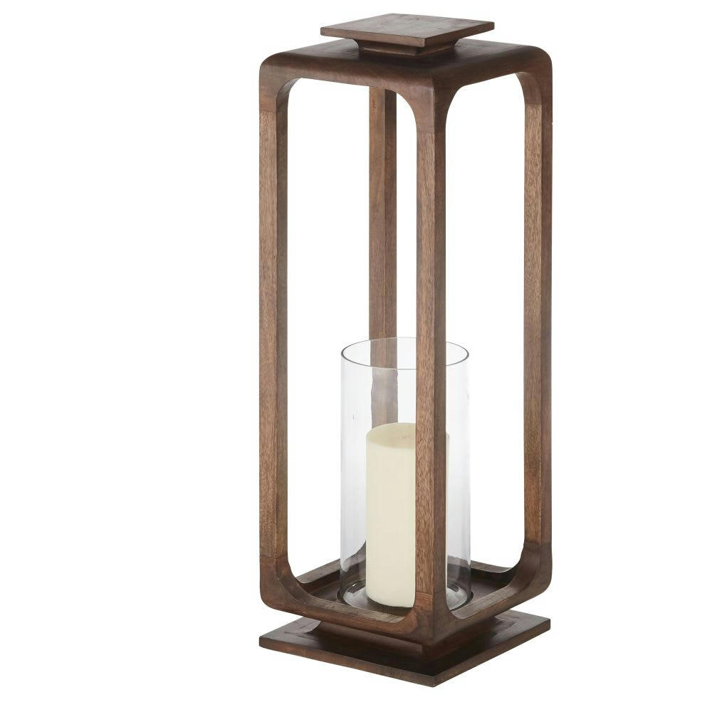 - Grande lanterne en bois de manguier et verre