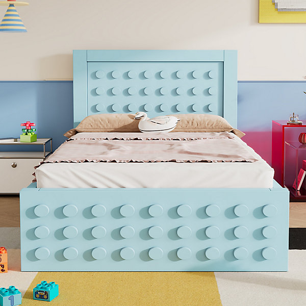 Lit avec rangement 90x200 cm - Lit simple avec tiroirs intégrés et design créatif - en MDF et bois massif - Bleu - Sans matelas