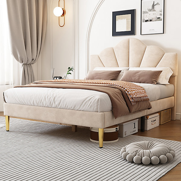 Lit Double 140x190 cm, Lit Capitonné en Velours avec Tête de Lit Coquillage Réglable, Pieds Dorés - Sans Matelas, Beige