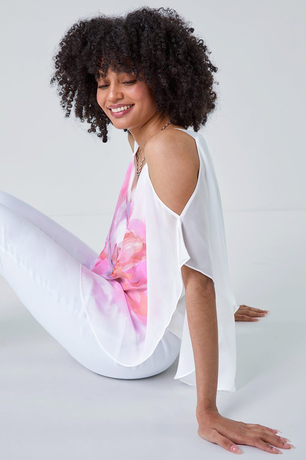 Roman Floral Print Cold Shoulder Overlay Top