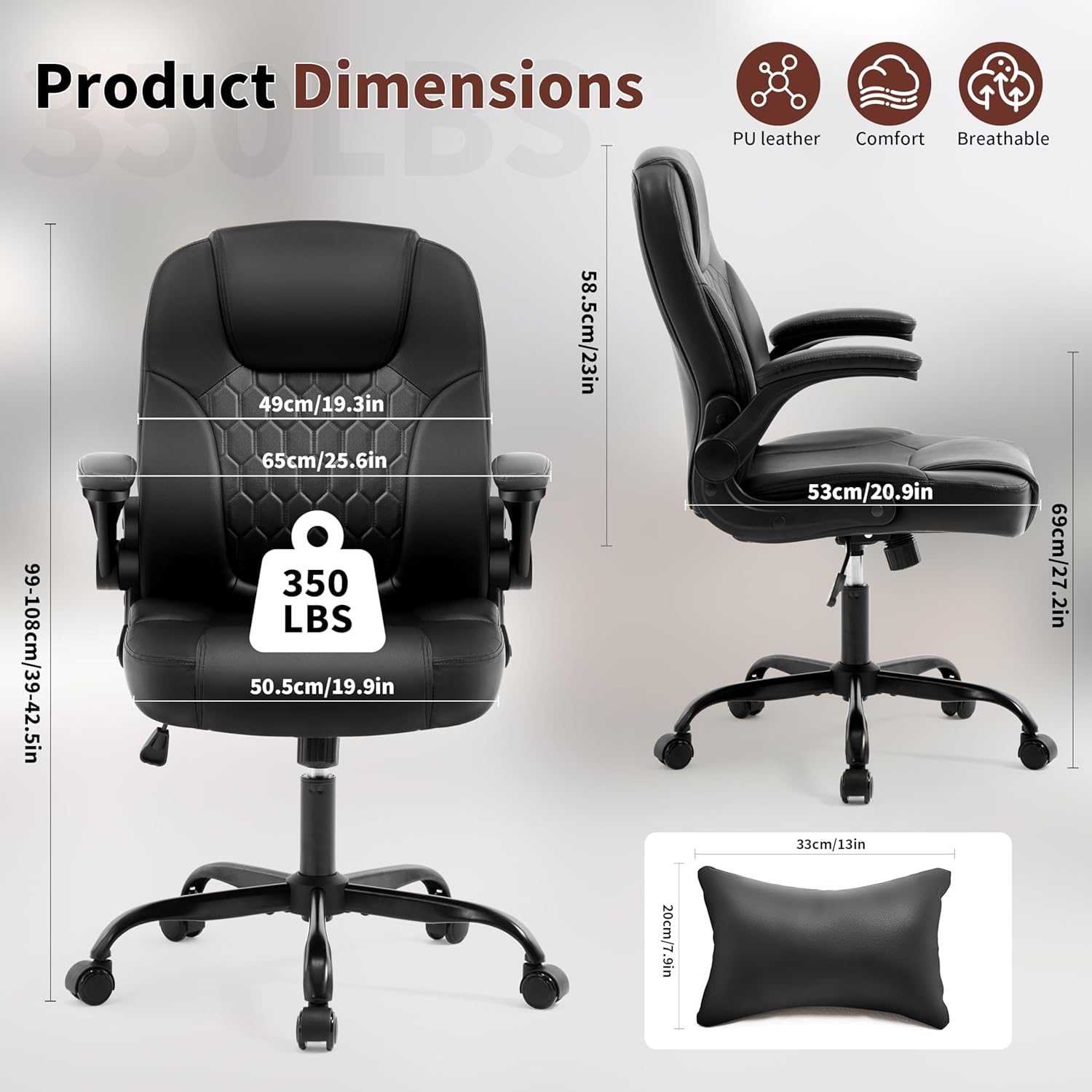 Executive Office Chair PU,Leather Office Chair with Wheels,360° Swivel Rolling Chair with Padded Arms,Ergonomic Computer Chair with Lumbar Support for Short People Use(Black)